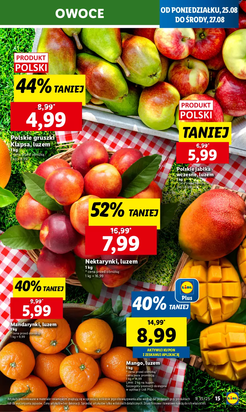 Gazetka promocyjna Lidl - GAZETKA - ważna 25.08 do 27.08.2025 - strona 19 - produkty: Gruszki, Jabłka, Mandarynki, Mango, Nektar, Owoce