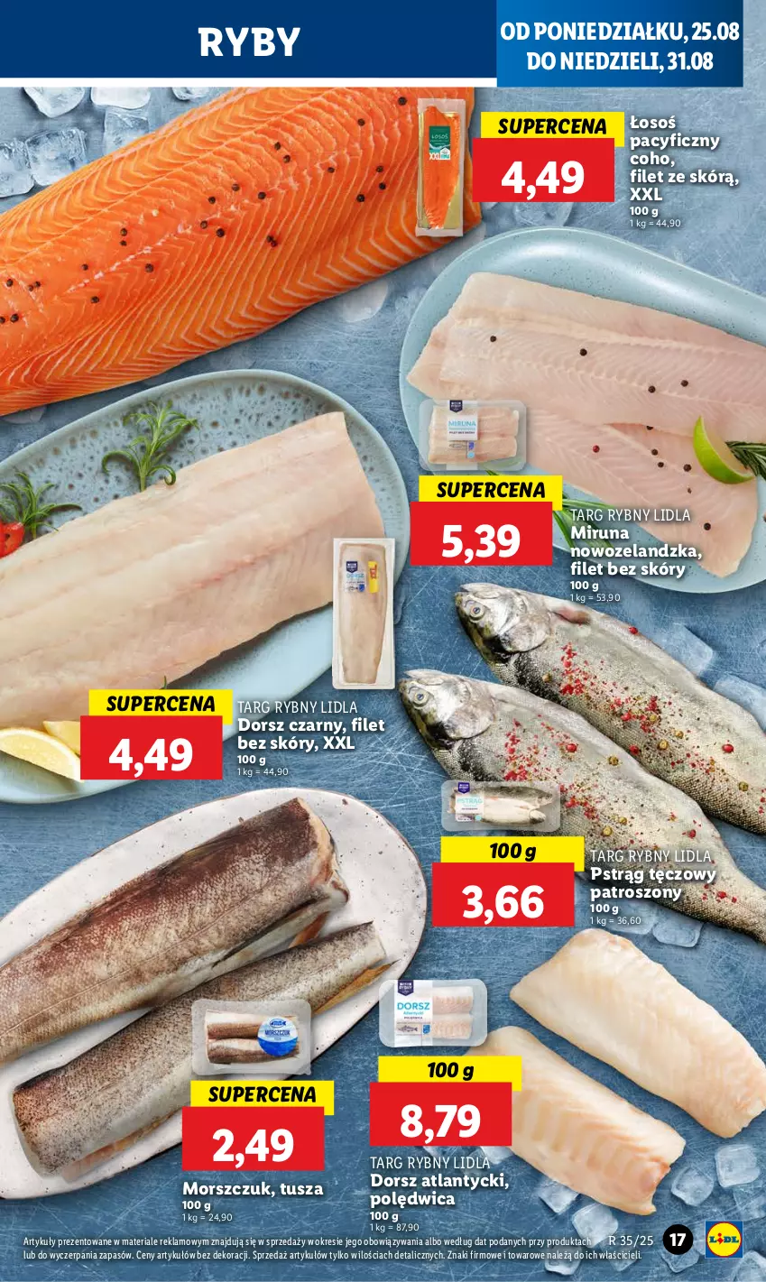 Gazetka promocyjna Lidl - GAZETKA - ważna 25.08 do 27.08.2025 - strona 21 - produkty: Dorsz, Miruna, Polędwica, Pstrąg, Pstrąg tęczowy, Tusz