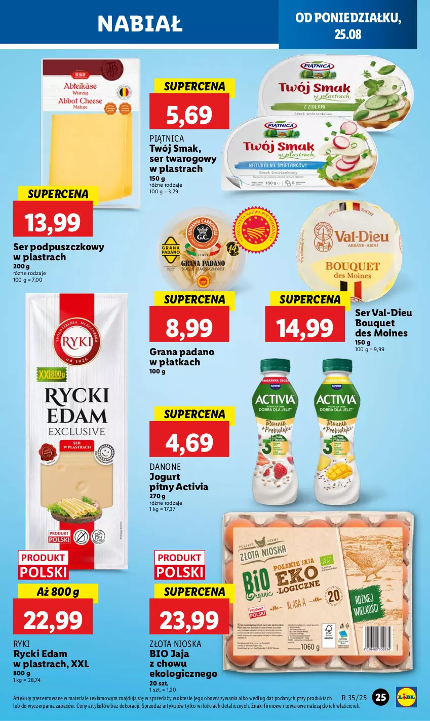 Gazetka promocyjna Lidl - GAZETKA - ważna 25.08 do 27.08.2025 - strona 29 - produkty: Activia, Danone, Edam, Gra, Jaja, Jogurt, Jogurt pitny, Piątnica, Rycki Edam, Ser, Ser twarogowy, Twój Smak