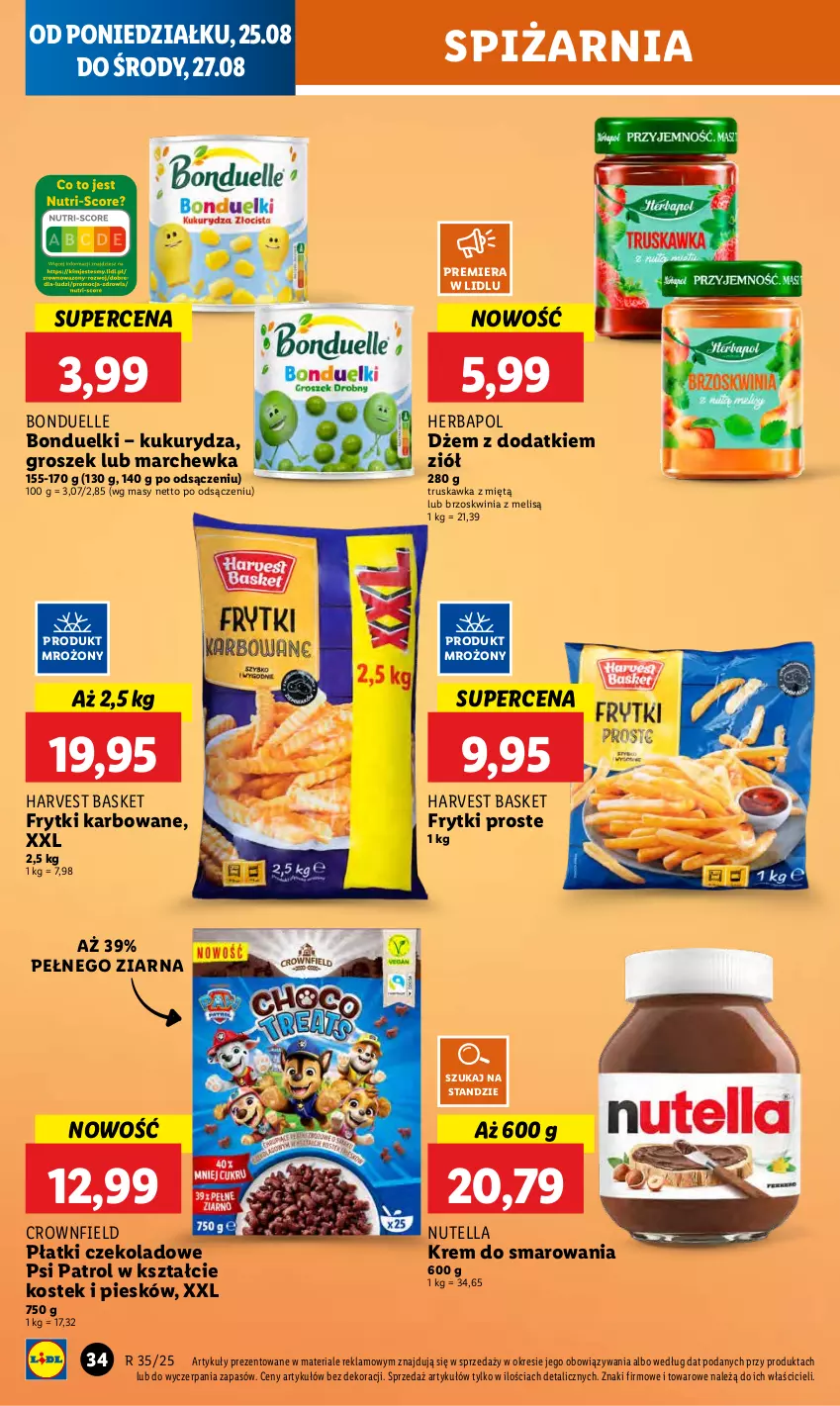 Gazetka promocyjna Lidl - GAZETKA - ważna 25.08 do 27.08.2025 - strona 38 - produkty: Bonduelle, Dżem, Frytki, Groszek, Herbapol, Kukurydza, Marchewka, Nutella, Psi Patrol, Stek