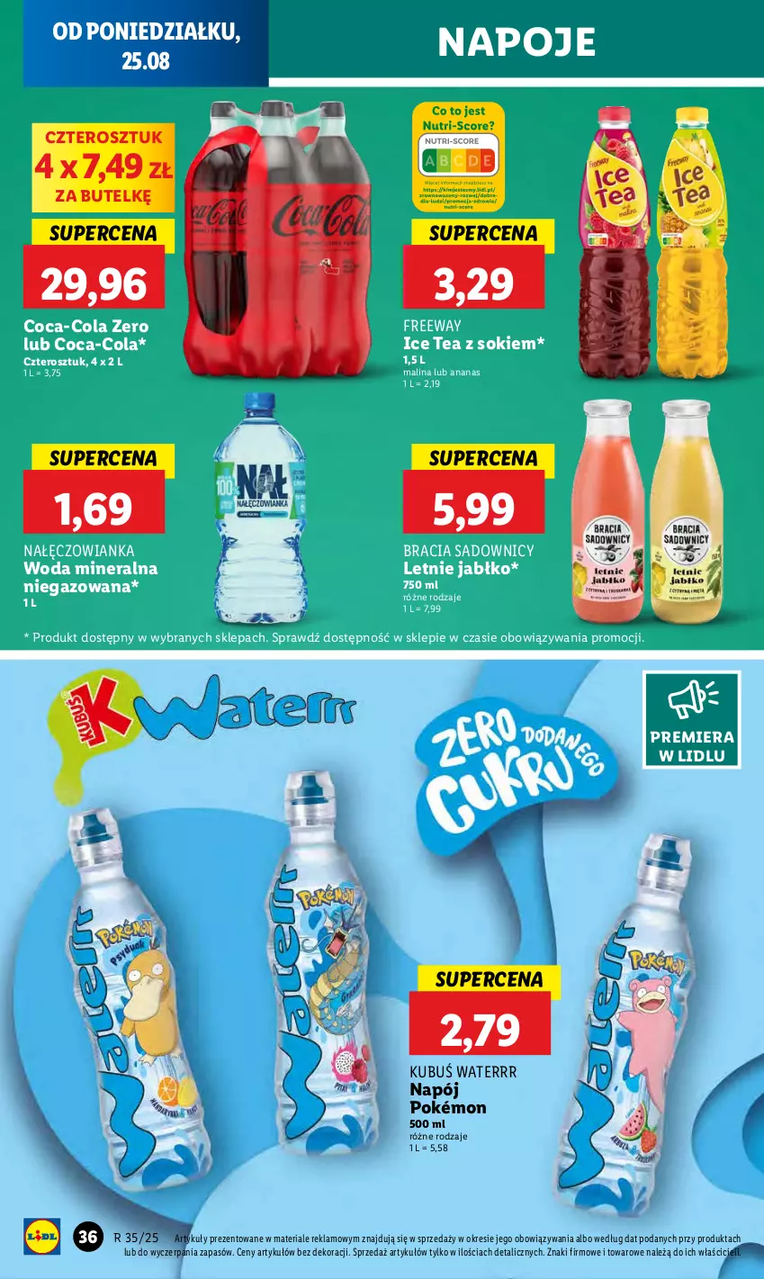 Gazetka promocyjna Lidl - GAZETKA - ważna 25.08 do 27.08.2025 - strona 42 - produkty: Ananas, Coca-Cola, Ice tea, Kubuś, Kubuś Waterrr, Nałęczowianka, Napój, Napoje, Pokémon, Sok, Woda, Woda mineralna