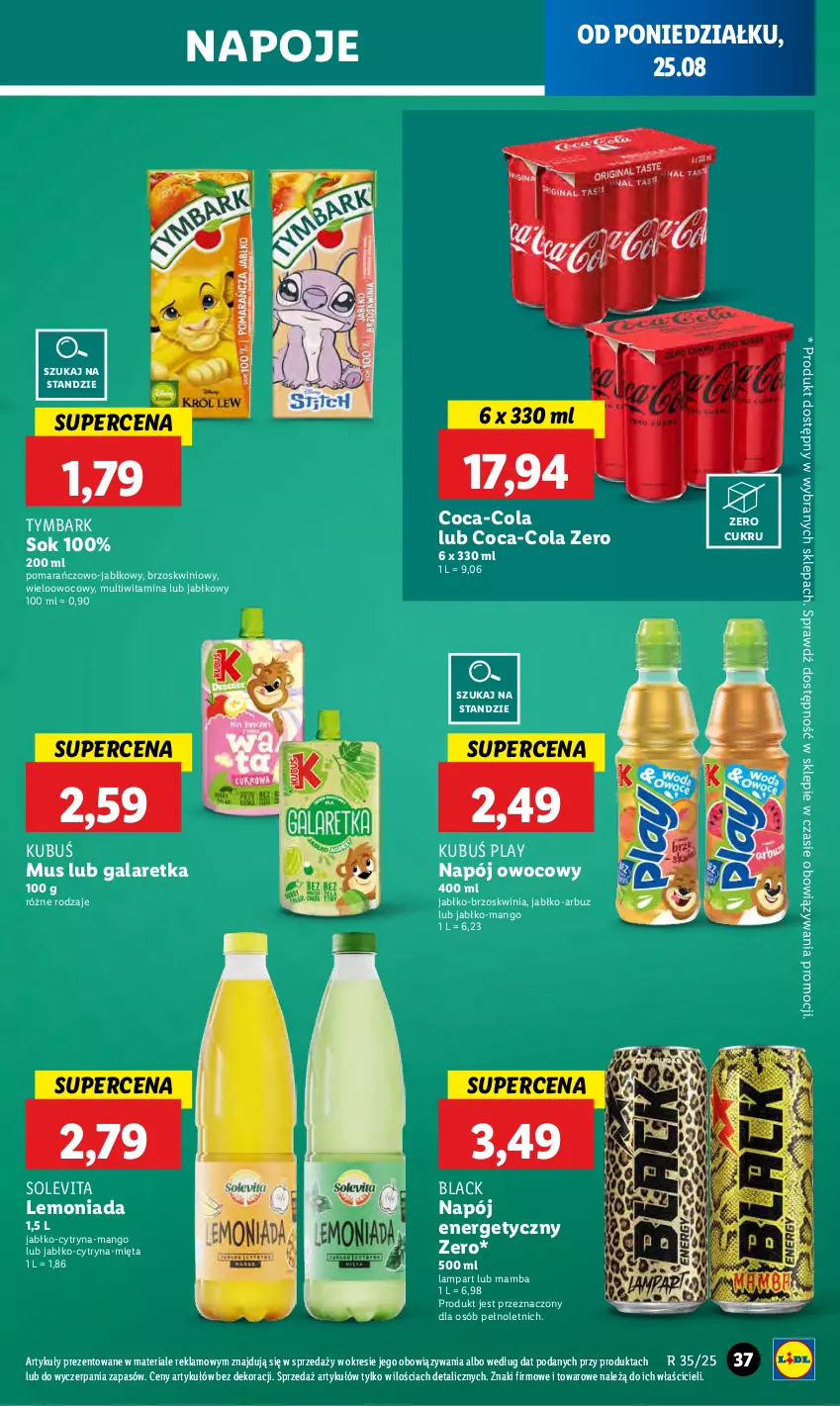 Gazetka promocyjna Lidl - GAZETKA - ważna 25.08 do 27.08.2025 - strona 43 - produkty: Arbuz, Coca-Cola, Gala, Galaretka, Kubuś, Lack, Lampa, Lemoniada, Mamba, Mango, Mięta, Mus, Napój, Napój energetyczny, Napoje, Sok, Tymbark