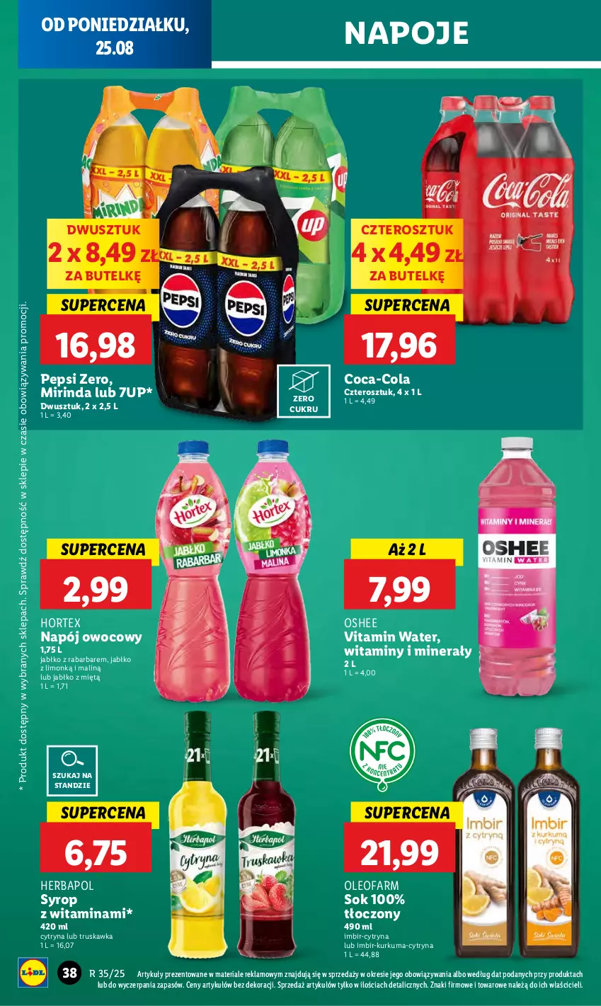 Gazetka promocyjna Lidl - GAZETKA - ważna 25.08 do 27.08.2025 - strona 44 - produkty: 7up, Coca-Cola, Fa, Herbapol, Hortex, Imbir, Kurkuma, Mirinda, Napój, Napoje, Oleo, Oleofarm, Oshee, Pepsi, Sok, Syrop