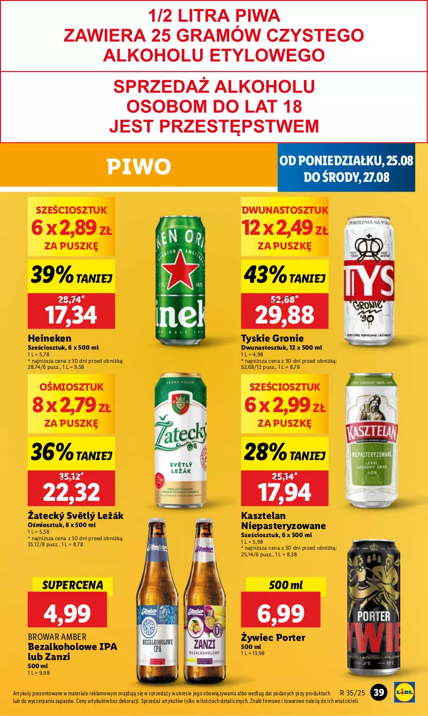 Gazetka promocyjna Lidl - GAZETKA - ważna 25.08 do 27.08.2025 - strona 45 - produkty: Heineken, Kasztelan, Piwo, Por, Tyskie