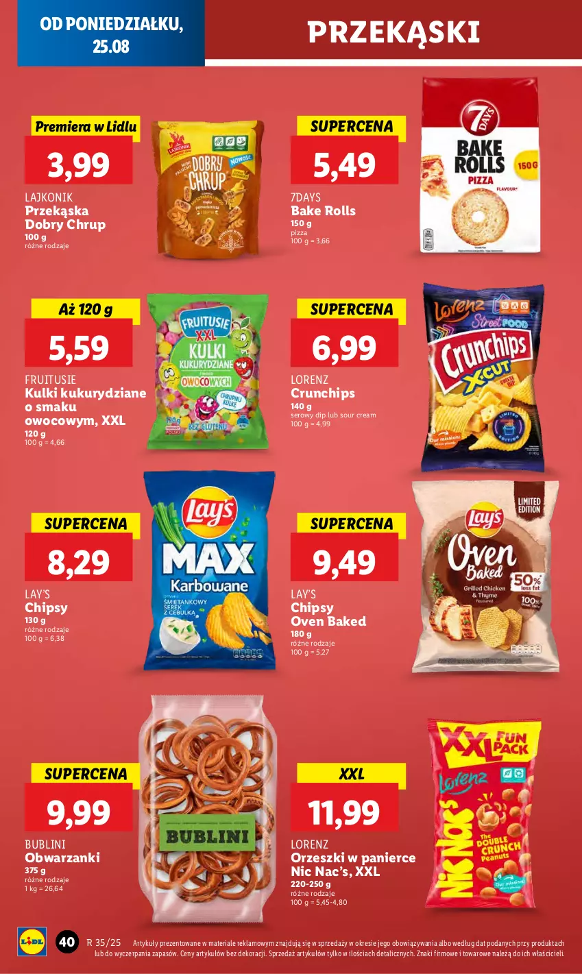 Gazetka promocyjna Lidl - GAZETKA - ważna 25.08 do 27.08.2025 - strona 46 - produkty: Bake Rolls, Chipsy, Crunchips, Lajkonik, Lay’s, Lorenz, Orzeszki, Pizza, Ser