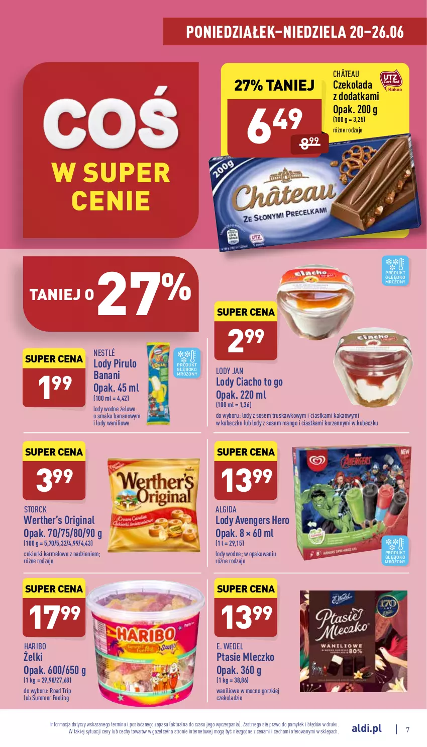 Gazetka promocyjna Aldi - Pełny katalog - ważna 20.06 do 26.06.2022 - strona 7 - produkty: Algida, Avengers, Ciastka, Cukier, Cukierki, Czekolada, E. Wedel, Gin, Haribo, Kakao, LG, Lody, Mango, Mleczko, Nestlé, Ptasie mleczko, Sos