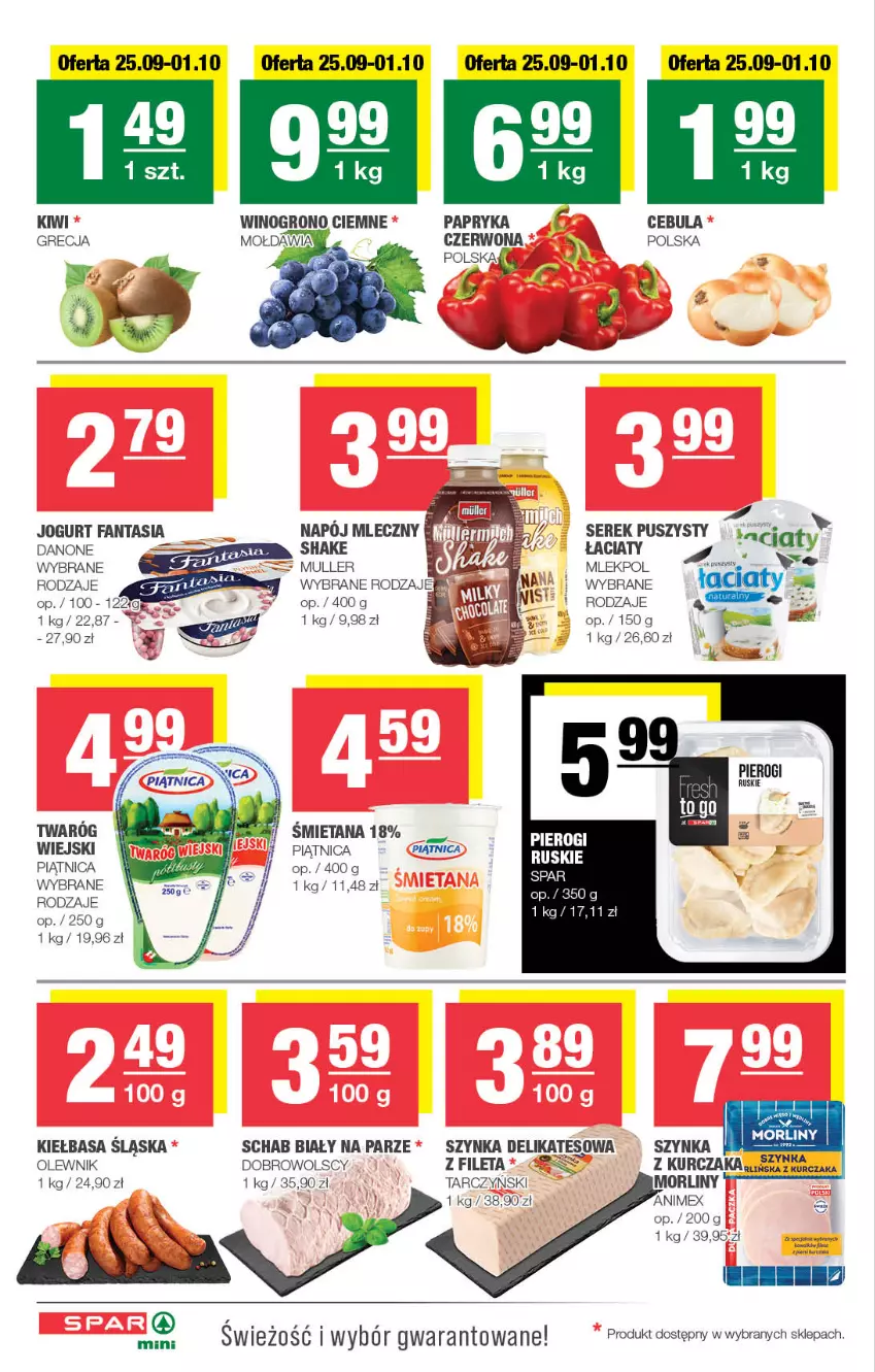 Gazetka promocyjna Spar - Spar-Mini - ważna 23.09 do 03.10.2024 - strona 2 - produkty: Cebula, Danone, Fa, Fanta, Jogurt, Kiełbasa, Kiełbasa śląska, Kiwi, Kurczak, Napój, Napój mleczny, Olewnik, Papryka, Piątnica, Pierogi, Ser, Serek, Serek puszysty, Szynka, Twaróg, Wino