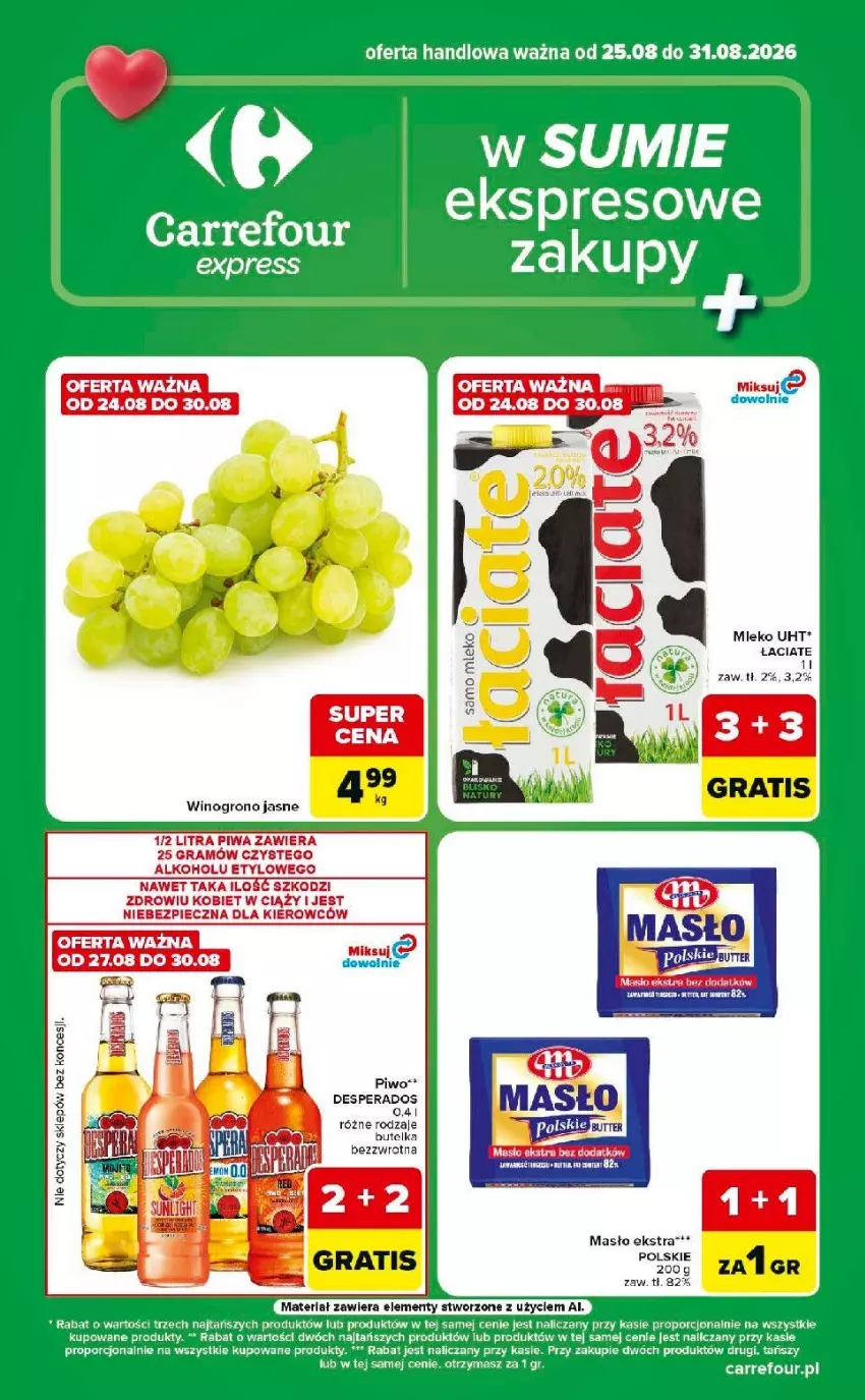 Gazetka promocyjna Carrefour - Gazetka Express w SUMIE ekspresowe zakupy - ważna 25.08 do 31.08.2026 - strona 1 - produkty: Desperados, Gra, Masło, Mleko, Piec, Piwa, Por, Wino, Winogrona