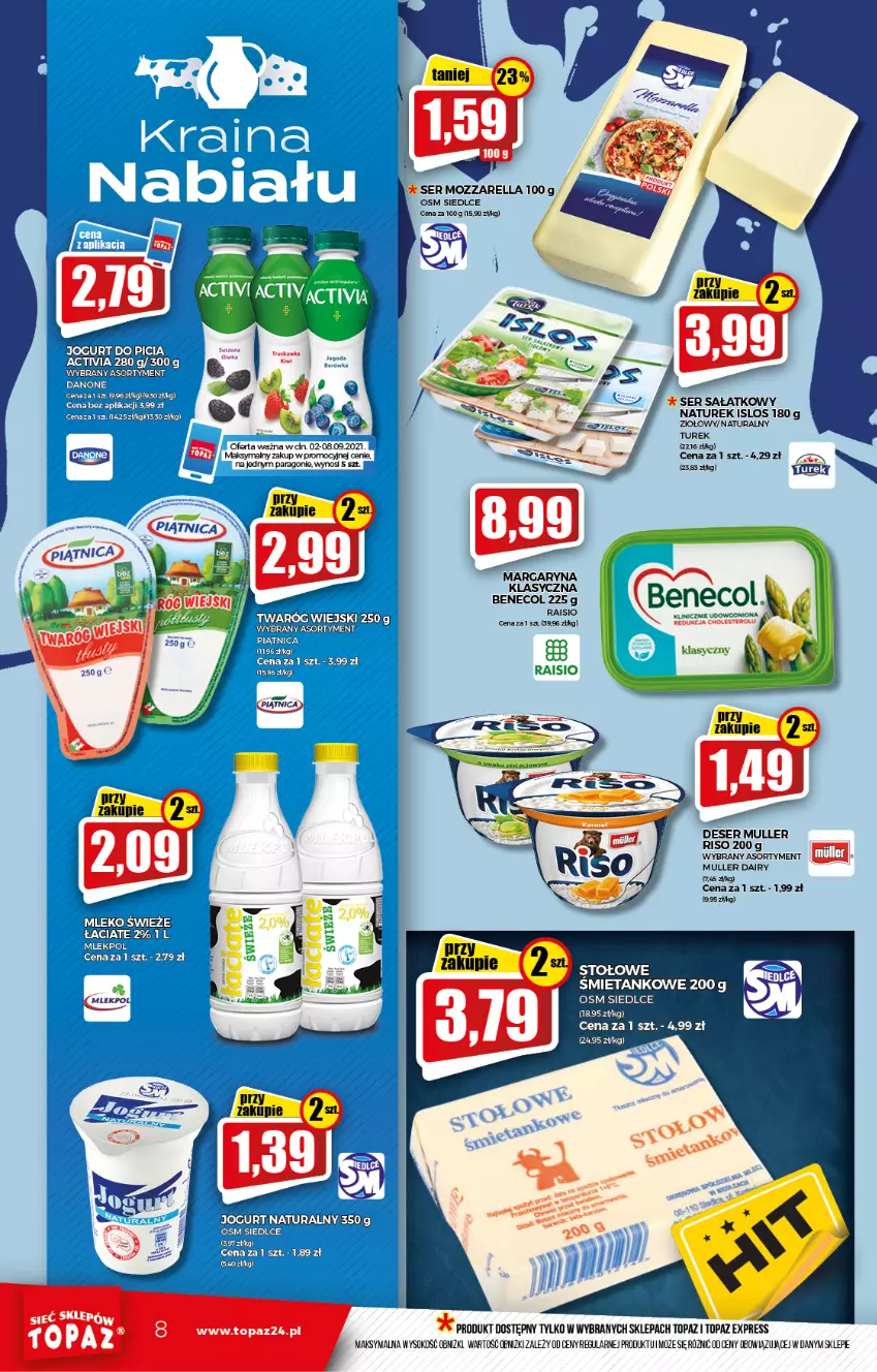 Gazetka promocyjna Topaz - Gazetka - ważna 02.09 do 08.09.2021 - strona 8 - produkty: Benecol, Mleko, Mozzarella, NaTurek, Piątnica, Sałat, Ser, Sok, Top