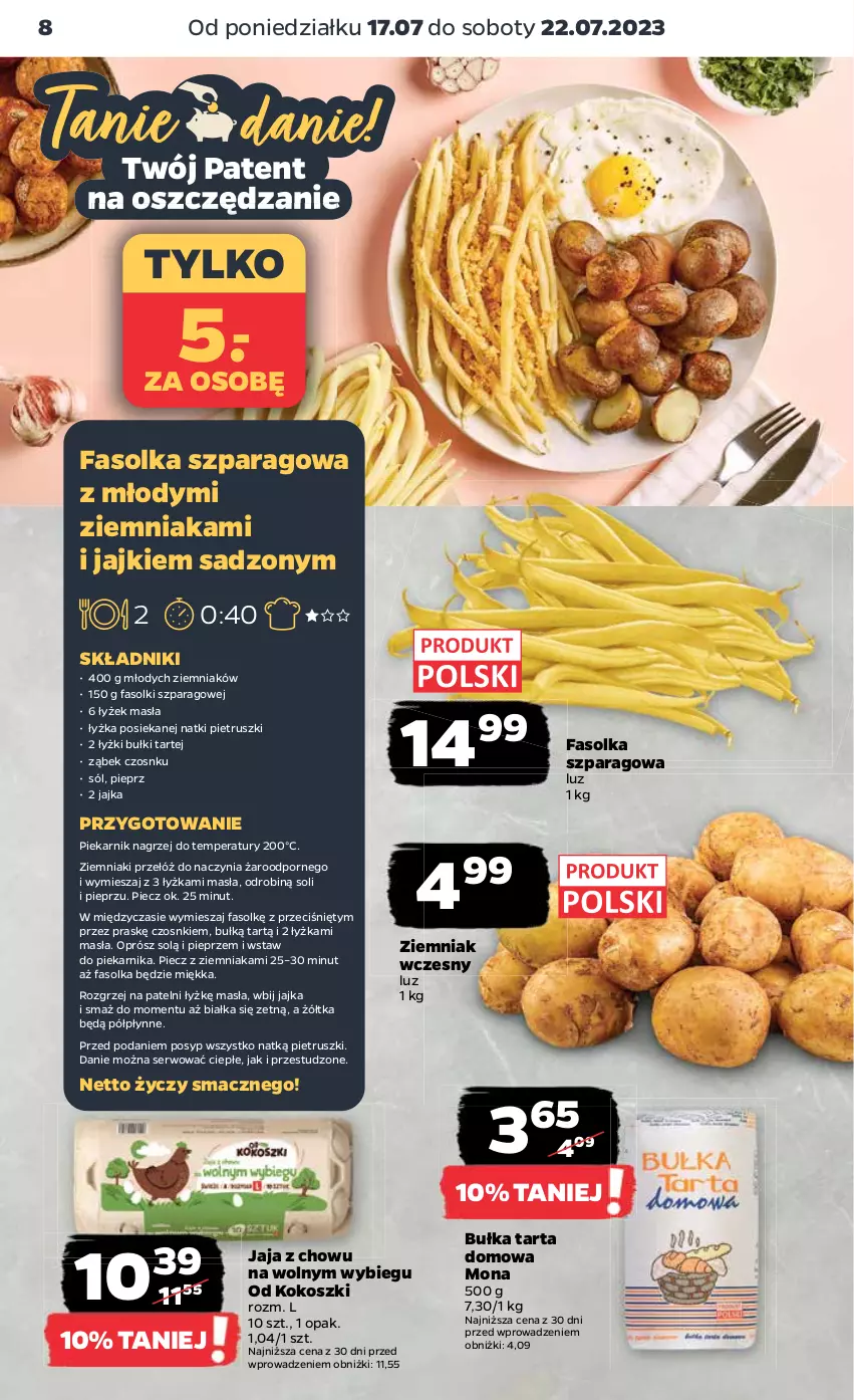 Gazetka promocyjna Netto - Artykuły spożywcze - ważna 17.07 do 22.07.2023 - strona 8 - produkty: Bułka, Bułka tarta, Fa, Jaja, Kokos, Kosz, Piec, Piekarnik, Pieprz, Por, Ser, Sól, Tarta, Ziemniaki