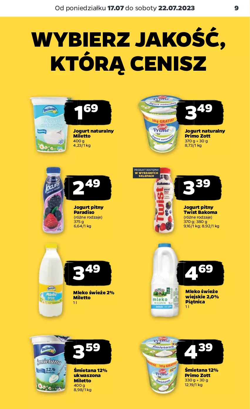 Gazetka promocyjna Netto - Artykuły spożywcze - ważna 17.07 do 22.07.2023 - strona 9 - produkty: Bakoma, Jogurt, Jogurt naturalny, Jogurt pitny, Mleko, Piątnica, Zott