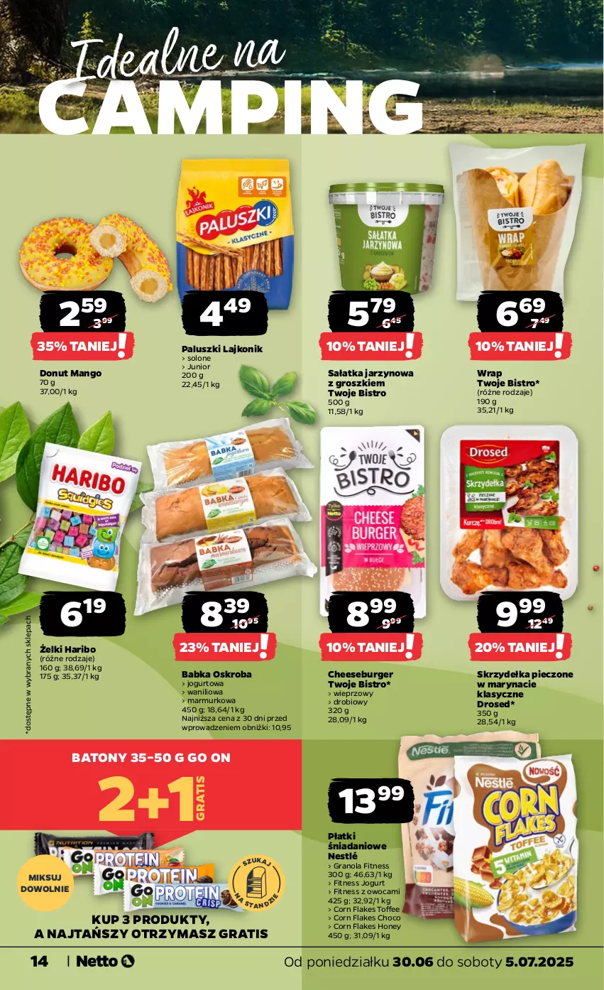 Gazetka promocyjna Netto - Od Poniedziałku - ważna 30.06 do 05.07.2025 - strona 14 - produkty: Babka, Baton, Burger, Corn flakes, Danio, Donut, Gra, Granola, Haribo, Jogurt, Lajkonik, Mango, Nestlé, Piec, Sałat, Sałatka, Skrzydełka pieczone