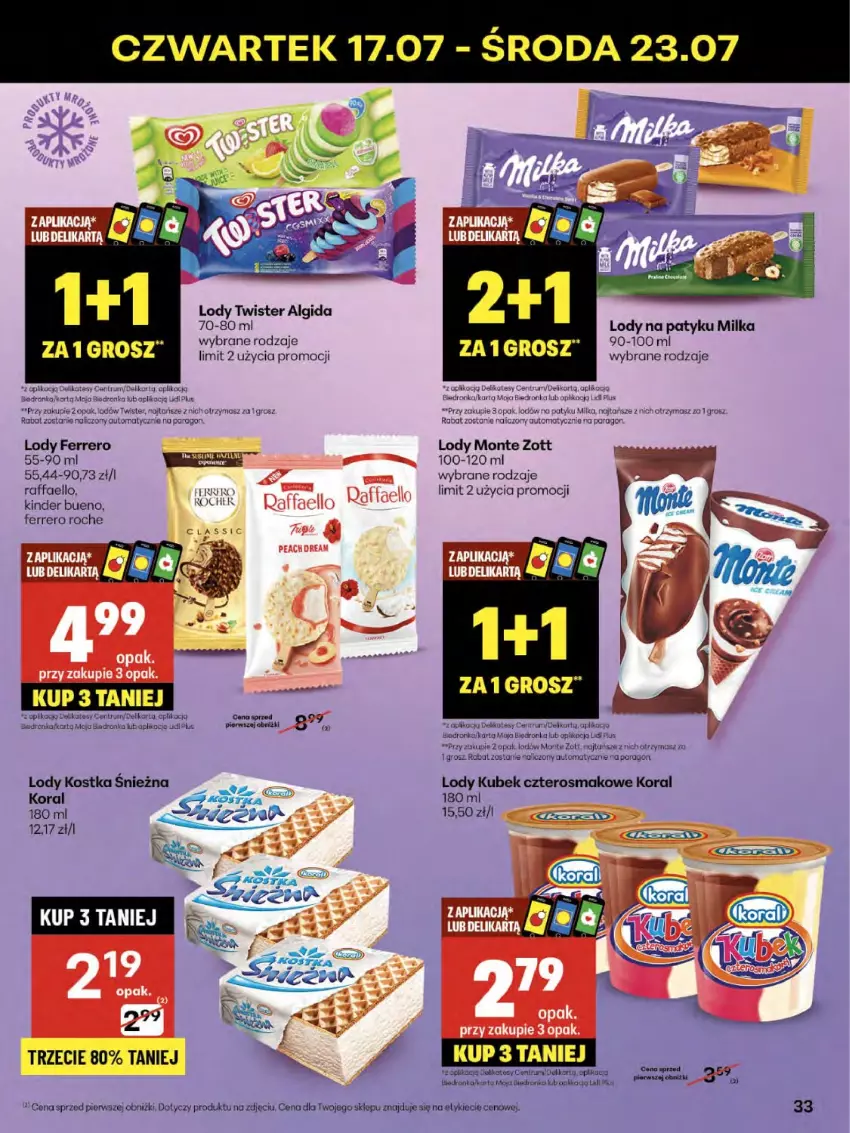 Gazetka promocyjna Delikatesy Centrum - Franczyza DC29 Czwartek - ważna 17.07 do 23.07.2025 - strona 33 - produkty: Algida, Fa, Ferrero, Kinder, Kinder Bueno, Koc, Kubek, LG, Lody, Milka, Monte, Mus, Por, Raffaello, Rum, Zott