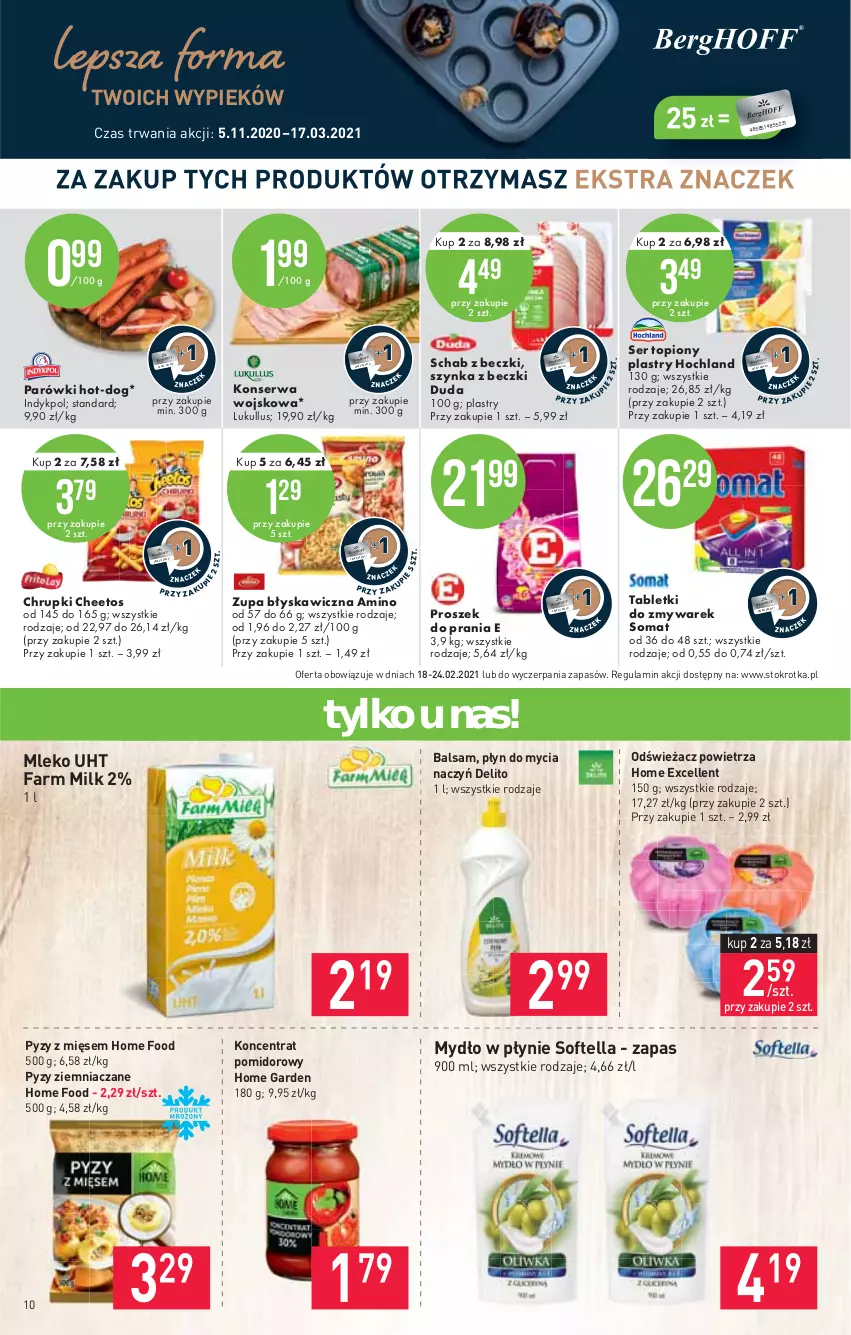 Gazetka promocyjna Stokrotka - Market - ważna 18.02 do 24.02.2021 - strona 10 - produkty: Cheetos, Chrupki, Do mycia naczyń, Duda, Fa, Farm Milk, Hochland, Koncentrat pomidorowy, Mleko, Mydło, Mydło w płynie, Odświeżacz powietrza, Parówki, Płyn do mycia, Płyn do mycia naczyń, Proszek do prania, Ser, Ser topiony, Somat, Szynka, Szynka z beczki, Tablet, Top, Zupa