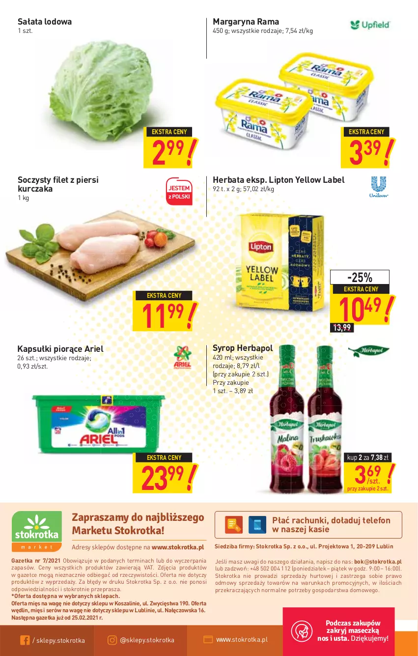 Gazetka promocyjna Stokrotka - Market - ważna 18.02 do 24.02.2021 - strona 12 - produkty: Ariel, Filet z piersi kurczaka, Herbapol, Herbata, Kosz, Kurczak, Lipton, Margaryna, O nas, Rama, Sałat, Sałata lodowa, Ser, Syrop, Szal, Telefon, Wagi