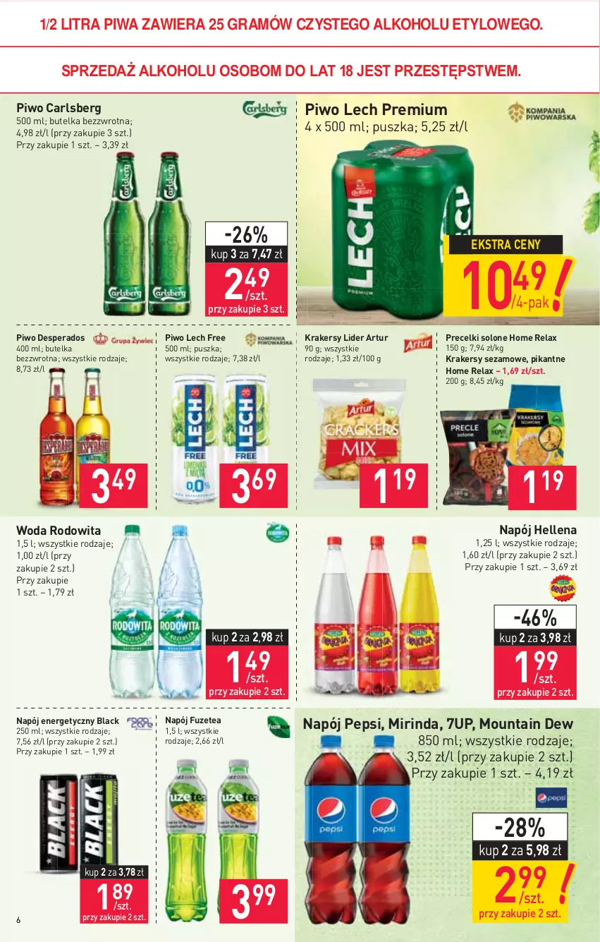 Gazetka promocyjna Stokrotka - Market - ważna 18.02 do 24.02.2021 - strona 6 - produkty: 7up, Artur, Carlsberg, Desperados, Gra, Hellena, Krakersy, Lack, Lech Premium, Mirinda, Napój, Napój energetyczny, Pepsi, Piwa, Piwo, Precelki, Sezam, Woda