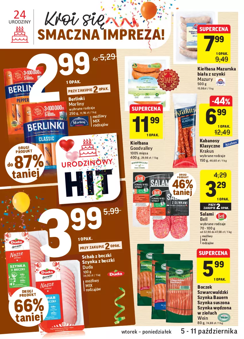 Gazetka promocyjna Intermarche - Gazetka promocyjna - ważna 05.10 do 11.10.2021 - strona 14 - produkty: Bell, Berlinki, Boczek, Duda, Kabanos, Kiełbasa, Krakus, Morliny, Salami, Szynka