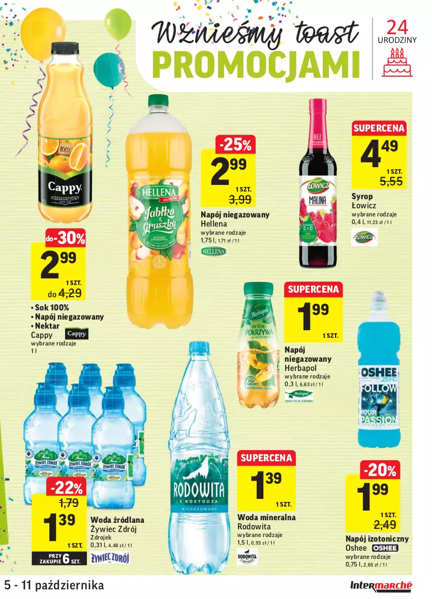 Gazetka promocyjna Intermarche - Gazetka promocyjna - ważna 05.10 do 11.10.2021 - strona 29 - produkty: Cappy, Hellena, Herbapol, LANA, Napój, Napój izotoniczny, Napój niegazowany, Nektar, Oshee, Sok, Syrop, Woda, Woda mineralna