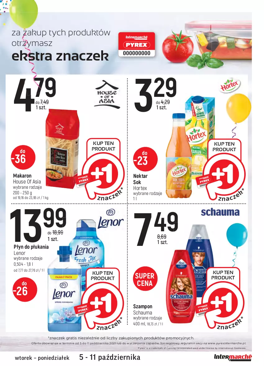 Gazetka promocyjna Intermarche - Gazetka promocyjna - ważna 05.10 do 11.10.2021 - strona 7 - produkty: Gra, Hortex, House of Asia, Lenor, Makaron, Nektar, Płyn do płukania, Por, Schauma, Sok, Szampon