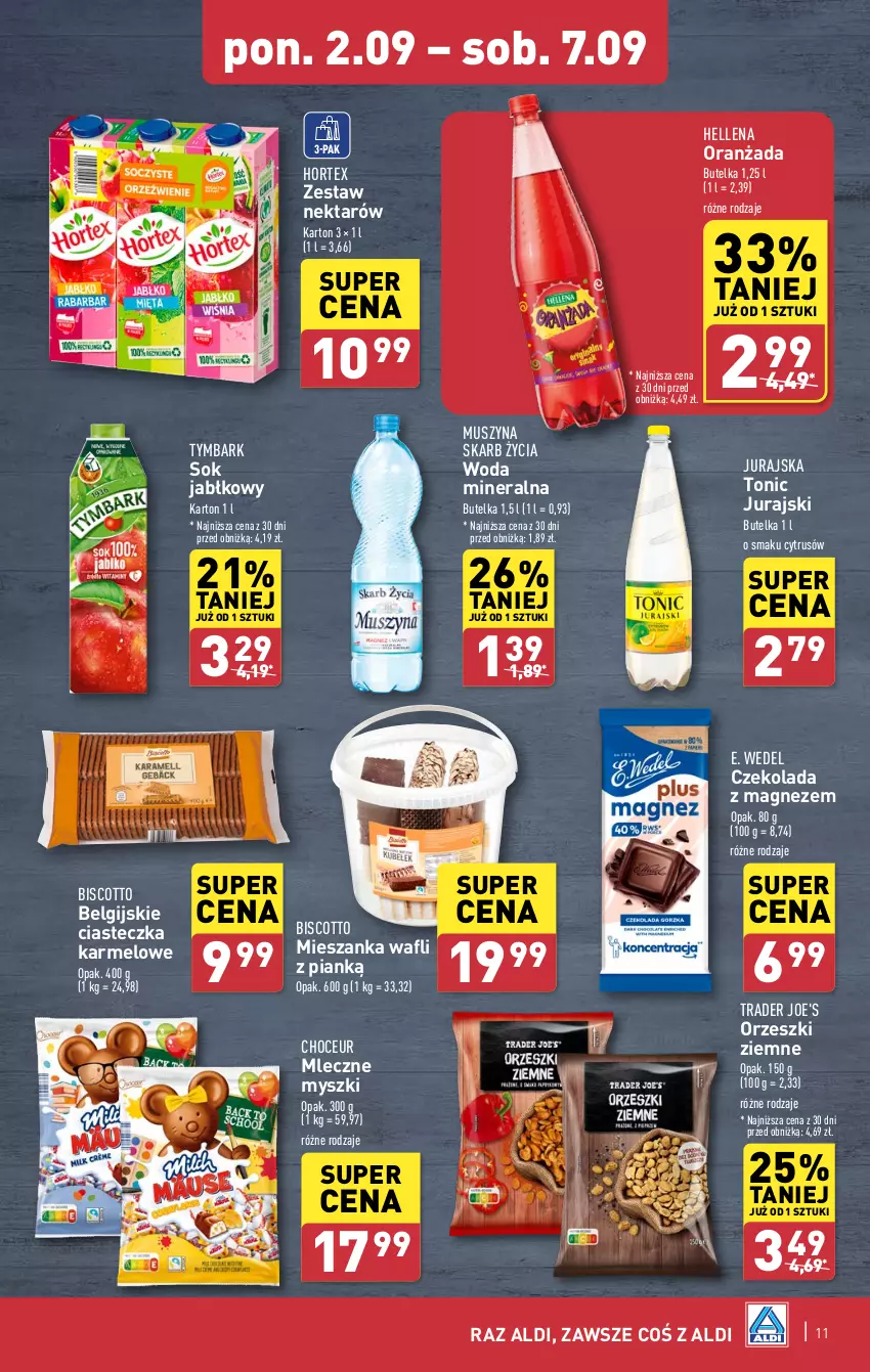 Gazetka promocyjna Aldi - Pełna oferta - ważna 02.09 do 07.09.2024 - strona 11 - produkty: Czekolada, E. Wedel, Hellena, Hortex, LG, Magnez, Mus, Mysz, Nektar, Oranżada, Orzeszki, Orzeszki ziemne, Sok, Sok jabłkowy, Szyna, Tymbark, Woda, Woda mineralna