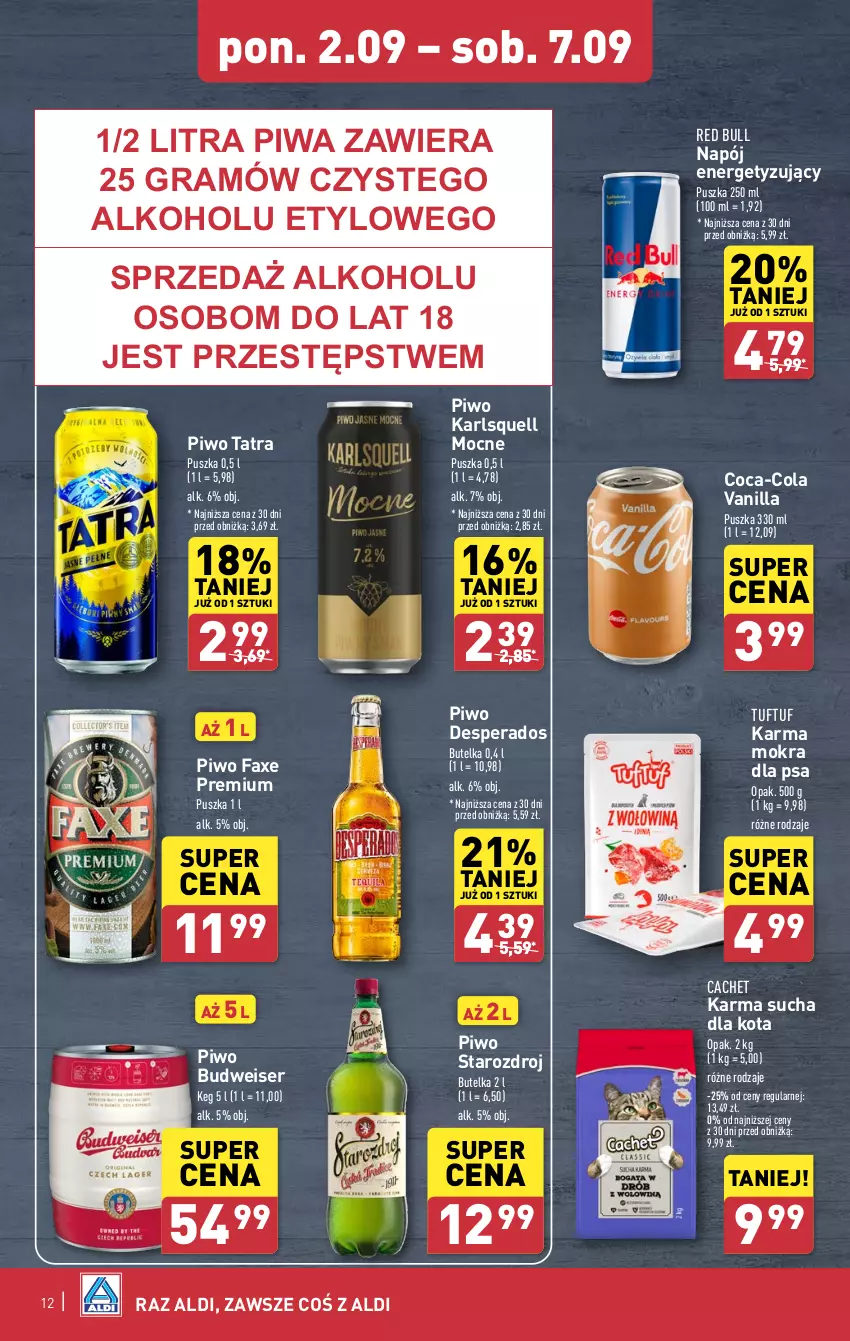 Gazetka promocyjna Aldi - Pełna oferta - ważna 02.09 do 07.09.2024 - strona 12 - produkty: Coca-Cola, Desperados, Fa, Gra, Karlsquell, Napój, Piwa, Piwo, Red Bull, Ser, Tatra