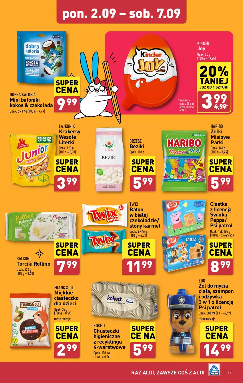 Gazetka promocyjna Aldi - Pełna oferta - ważna 02.09 do 07.09.2024 - strona 17 - produkty: Alcon, Baton, Chusteczki, Ciastka, Czekolada, Dzieci, Haribo, Inka, Kinder, Kokos, Krakersy, Lajkonik, Odżywka, Psi Patrol, Szampon, Tonik, Twix