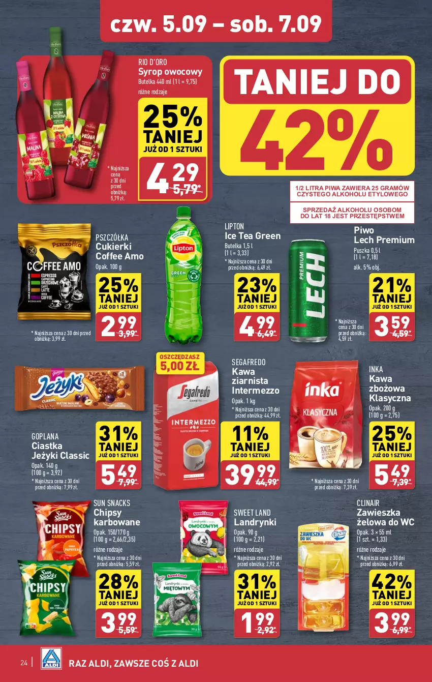 Gazetka promocyjna Aldi - Pełna oferta - ważna 02.09 do 07.09.2024 - strona 24 - produkty: Chipsy, Ciastka, Clin, Cukier, Cukierki, Goplana, Gra, Ice tea, Inka, Jeżyki, Kawa, Kawa zbożowa, Kawa ziarnista, LANA, Lech Premium, Lipton, Piwa, Piwo, Segafredo, Syrop