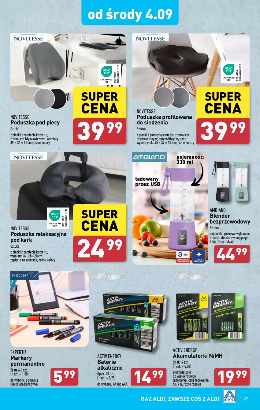 Gazetka promocyjna Aldi - Pełna oferta - ważna 02.09 do 07.09.2024 - strona 29 - produkty: Akumulator, Baterie alkaliczne, Blender, Marker, Poduszka, Pojemnik, Pokrywa