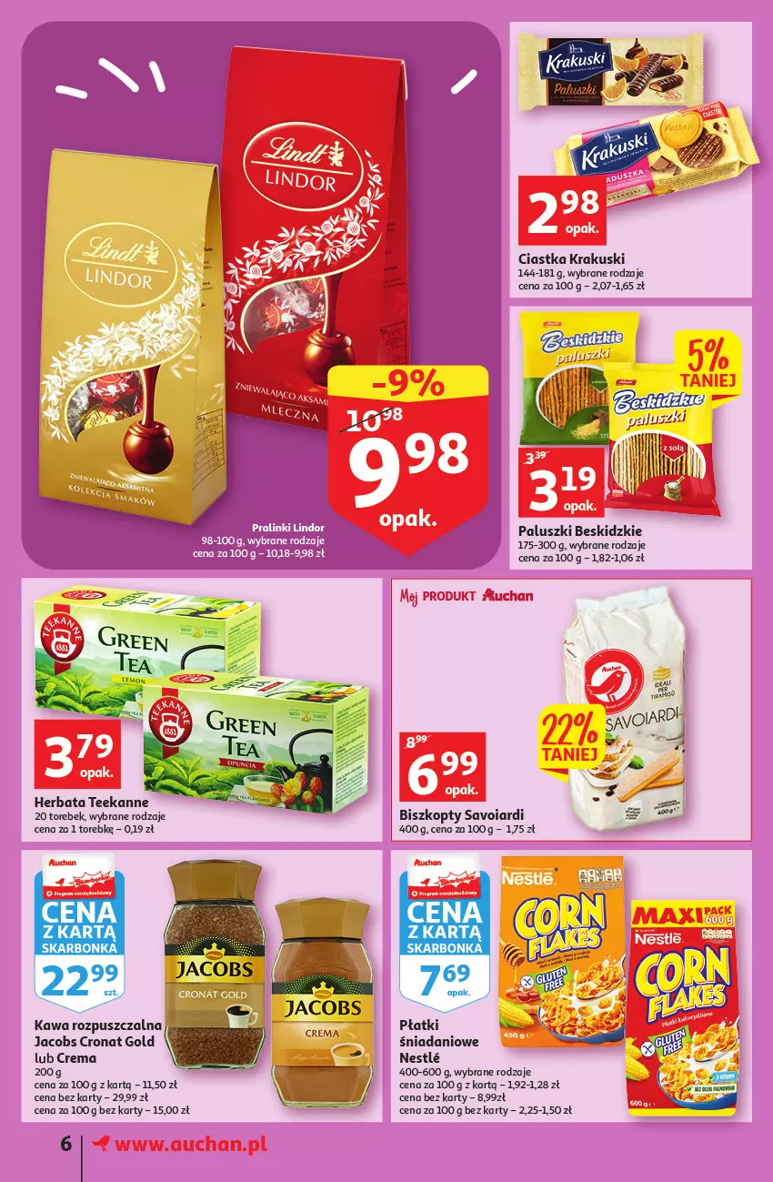 Gazetka promocyjna Auchan - Gazetka Koszyk Oszczędności Auchan Supermarkety - ważna 13.10 do 19.10.2022 - strona 6 - produkty: Beskidzki, Biszkopty, Ciastka, Danio, Herbata, Jacobs, Kawa, Kawa rozpuszczalna, Krakus, Krakuski, Teekanne