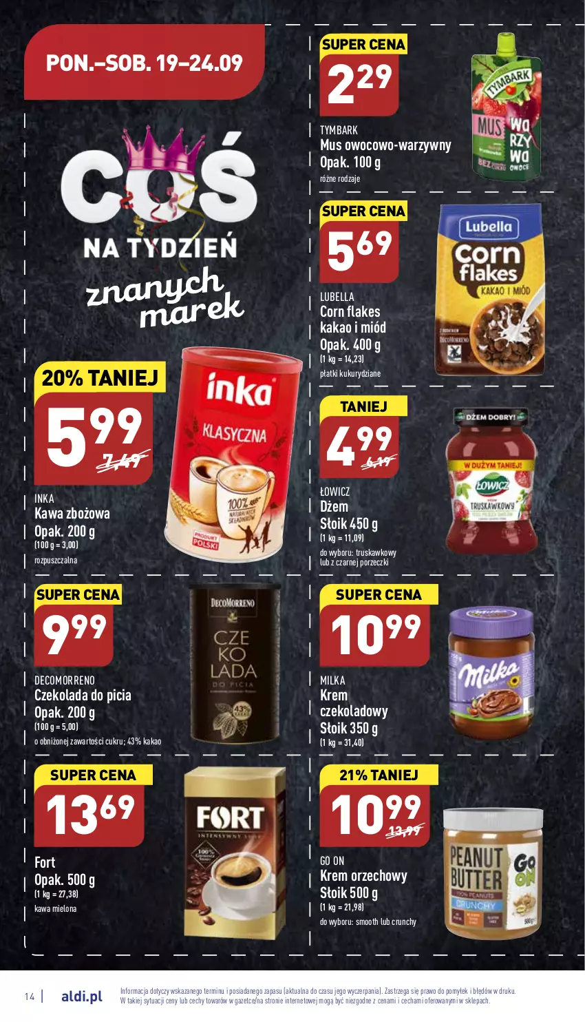 Gazetka promocyjna Aldi - Pełny katalog - ważna 19.09 do 24.09.2022 - strona 14 - produkty: Bell, Bella, Corn flakes, Czekolada, Dżem, Inka, Kakao, Kawa, Kawa mielona, Kawa zbożowa, Krem orzechowy, Lubella, Milka, Miód, Mus, Por, Tymbark