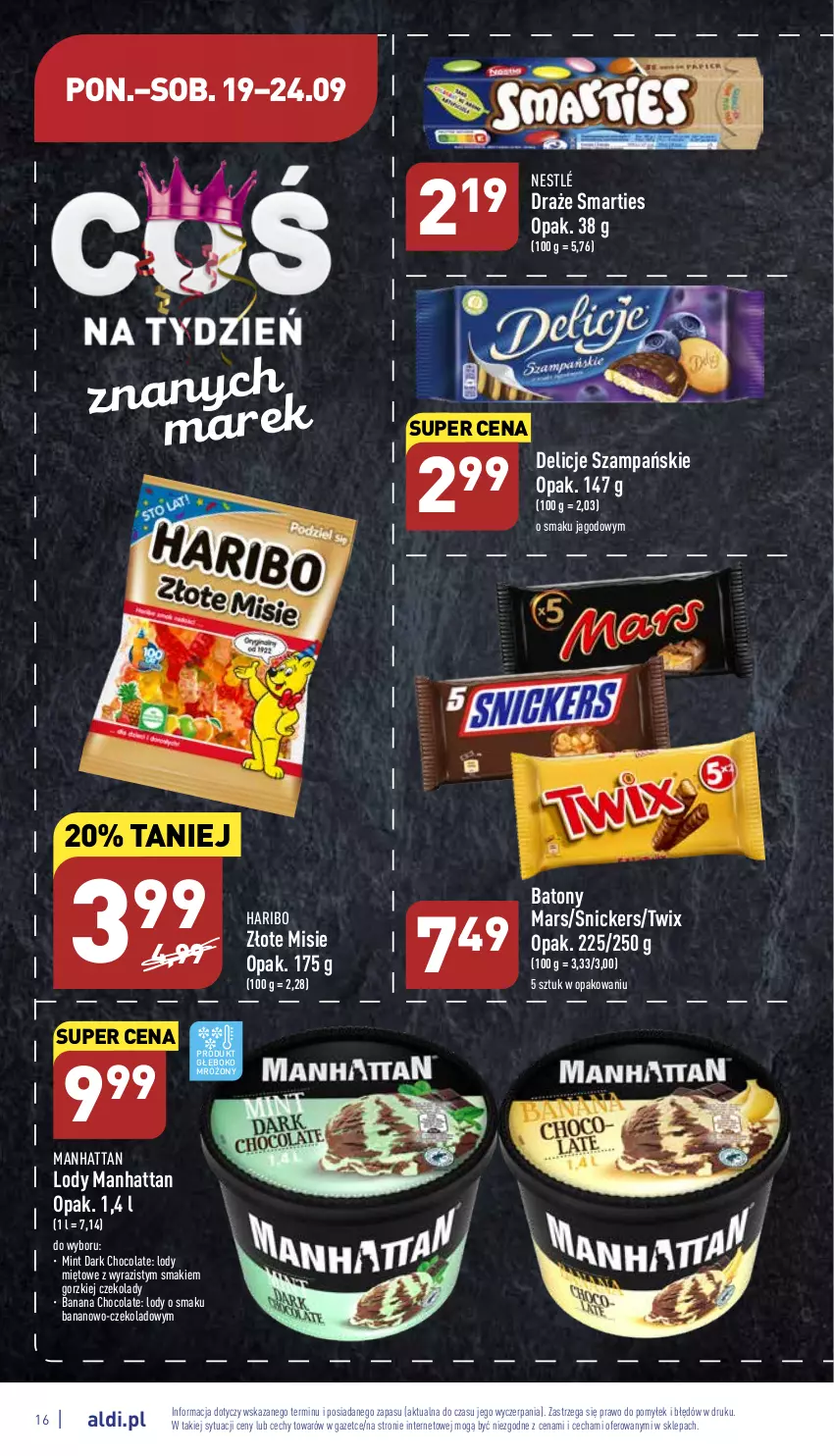 Gazetka promocyjna Aldi - Pełny katalog - ważna 19.09 do 24.09.2022 - strona 16 - produkty: Baton, Delicje, Haribo, Lody, Mars, Nestlé, Snickers, Twix