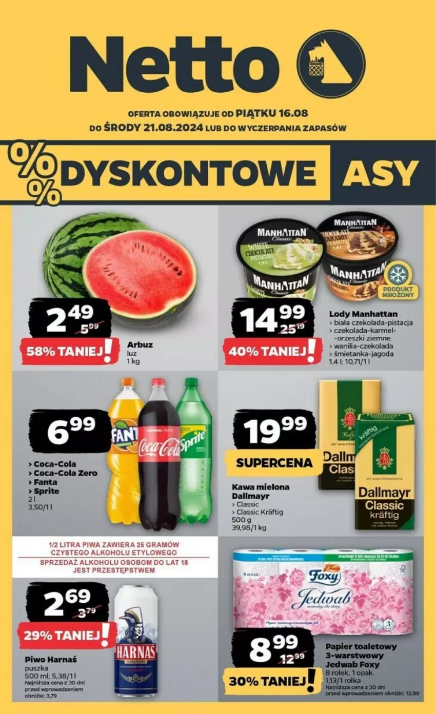 Gazetka promocyjna Netto - ważna 16.08 do 21.08.2024 - strona 1 - produkty: Coca-Cola, Czekolada, Dallmayr, Fa, Fanta, Gra, Harnaś, Kawa, Kawa mielona, Orzeszki, Orzeszki ziemne, Piwa, Piwo