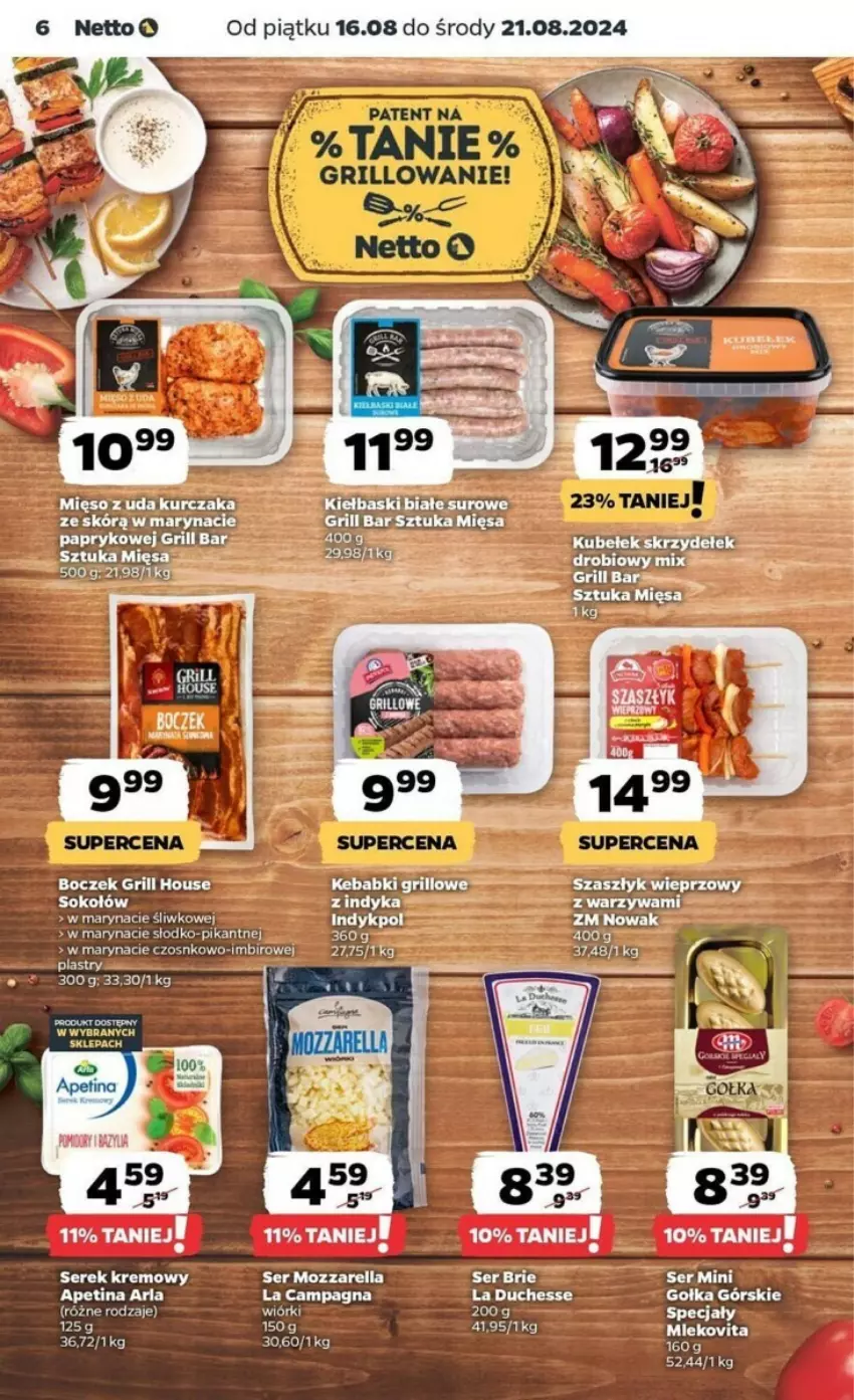 Gazetka promocyjna Netto - ważna 16.08 do 21.08.2024 - strona 16 - produkty: Boczek, Brie, Grill, Imbir, Kebab, Kiełbaski białe, Kurczak, Mięso, Mięso z uda kurczaka, Mozzarella, NOWAK, Ser, Serek, Warzywa