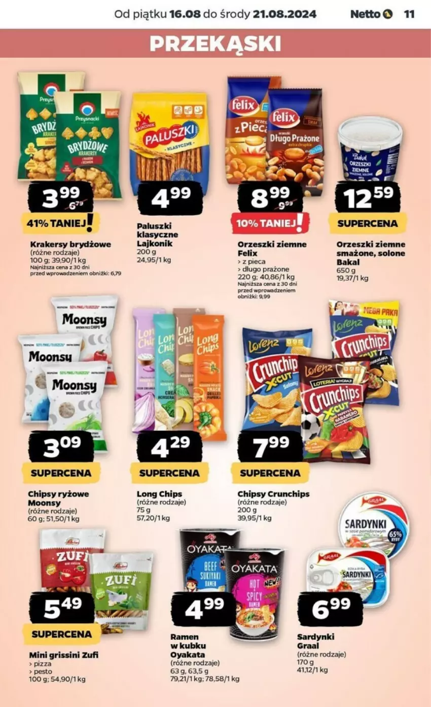 Gazetka promocyjna Netto - ważna 16.08 do 21.08.2024 - strona 3 - produkty: Chipsy, Crunchips, Felix, Gra, Graal, Grissini, Krakersy, Lajkonik, Orzeszki, Orzeszki ziemne, Pesto, Piec, Pizza, Ryż, Sardynki