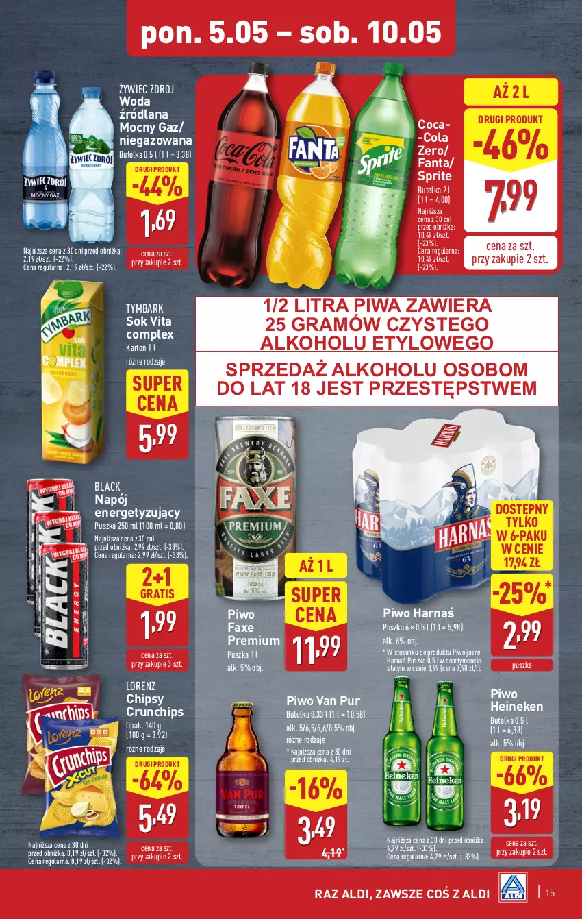 Gazetka promocyjna Aldi - Pełna oferta - ważna 05.05 do 09.05.2025 - strona 15 - produkty: Chipsy, Coca-Cola, Crunchips, Fa, Fanta, Gra, Harnaś, Heineken, Lack, LANA, Lorenz, Napój, Piwa, Piwo, Piwo jasne, Pur, Sok, Sprite, Tymbark, Vita C, Woda