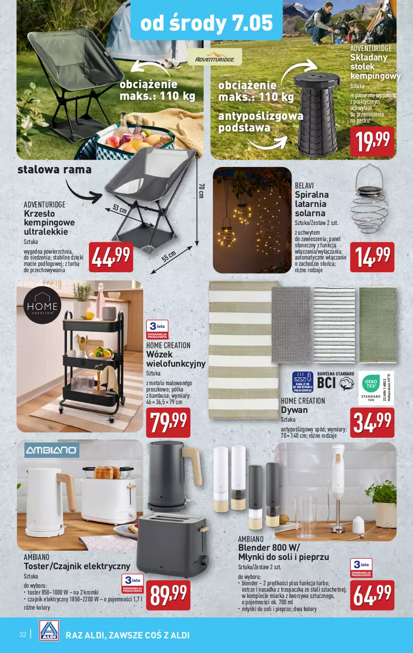 Gazetka promocyjna Aldi - Pełna oferta - ważna 05.05 do 09.05.2025 - strona 32 - produkty: Blender, Czajnik, Czajnik elektryczny, Dywan, Krzesło, Latarnia, Miarka, Pieprz, Półka, Rama, Sok, Stołek, Toster, Wózek