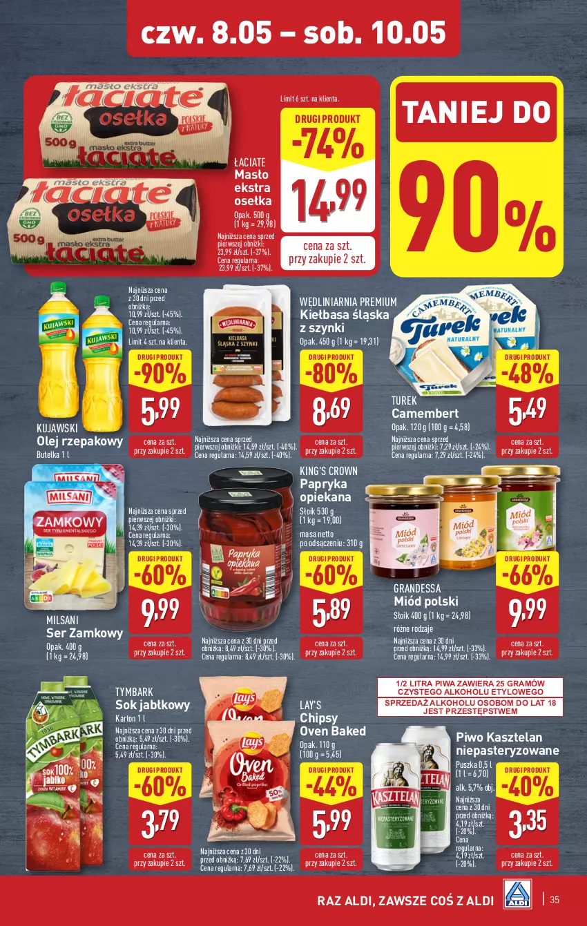 Gazetka promocyjna Aldi - Pełna oferta - ważna 05.05 do 09.05.2025 - strona 35 - produkty: Camembert, Chipsy, Gra, Kasztelan, Kiełbasa, Kiełbasa śląska, Kujawski, Masło, Miód, Olej, Olej rzepakowy, Papryka, Piwa, Piwo, Ser, Sok, Sok jabłkowy, Tymbark