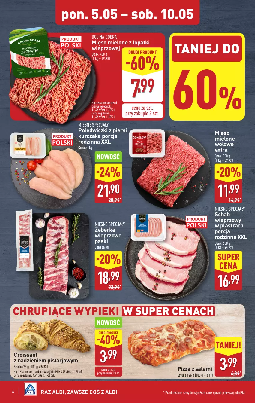 Gazetka promocyjna Aldi - Pełna oferta - ważna 05.05 do 09.05.2025 - strona 6 - produkty: Croissant, Kurczak, Mięsne specjały, Mięso, Mięso mielone, Mięso mielone z łopatki wieprzowej, Pizza, Por, Salami, Schab wieprzowy