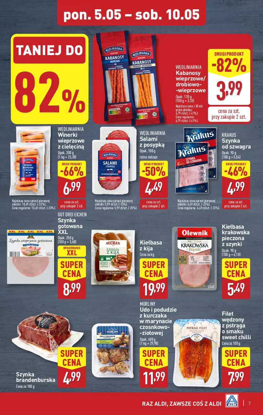 Gazetka promocyjna Aldi - Pełna oferta - ważna 05.05 do 09.05.2025 - strona 7 - produkty: Gra, Kabanos, Kiełbasa, Kiełbasa krakowska, Krakus, Kurczak, Morliny, Piec, Podudzie z kurczaka, Pstrąg, Salami, Szynka