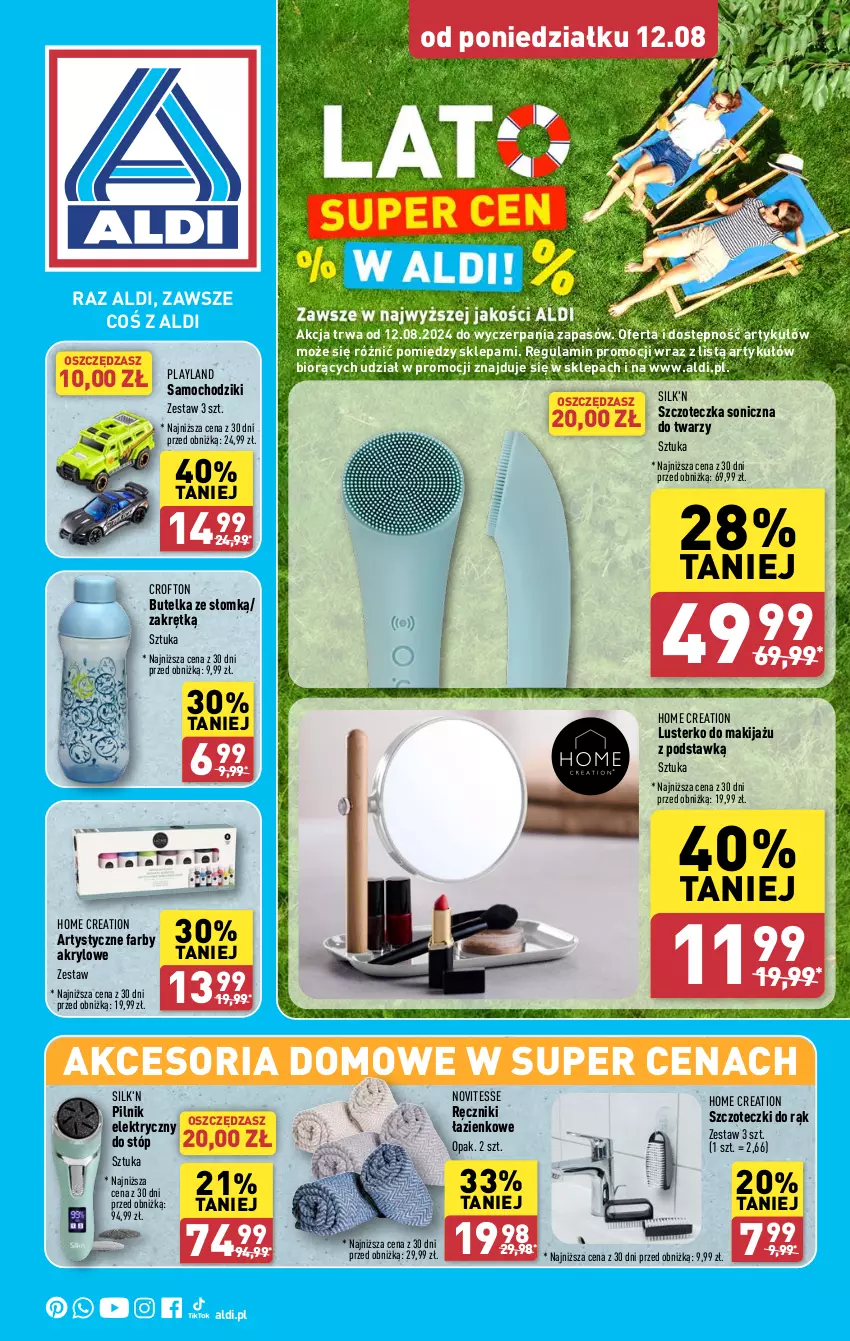 Gazetka promocyjna Aldi - Lato SUPER CEN - ważna 12.08 do 17.08.2024 - strona 1 - produkty: Chodzik, Fa, Makijaż, Pilnik, Ręcznik, Samochodziki, Szczoteczka, Szczoteczka soniczna