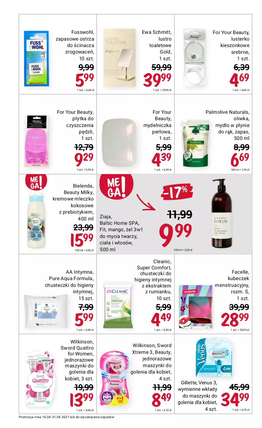 Gazetka promocyjna Rossmann - Kwiecień II - ważna 16.04 do 30.04.2021 - strona 4 - produkty: Bielenda, Chusteczki, Chusteczki do higieny, Cleanic, Ewa Schmitt, Fa, Facelle, For Your Beauty, Gillette, Kokos, Lustro, Mango, Mleczko, Mydelniczka, Mydło, Mydło w płynie, Palmolive, Płytka, Pur, Rum, Venus, Ziaja