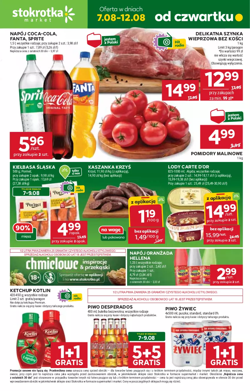 Gazetka promocyjna Stokrotka - Market - ważna 07.08 do 12.08.2025 - strona 1 - produkty: Algida, Coca-Cola, Desperados, Fa, Fanta, Gra, Hellena, Kasza, Kaszanka, Ketchup, Kiełbasa, Kiełbasa śląska, Kotlin, LG, Lody, Mięso, Napój, Oranżada, Owoce, Piwa, Piwo, Pomidory, Por, Sprite, Szynka, Szynka wieprzowa, Warzywa
