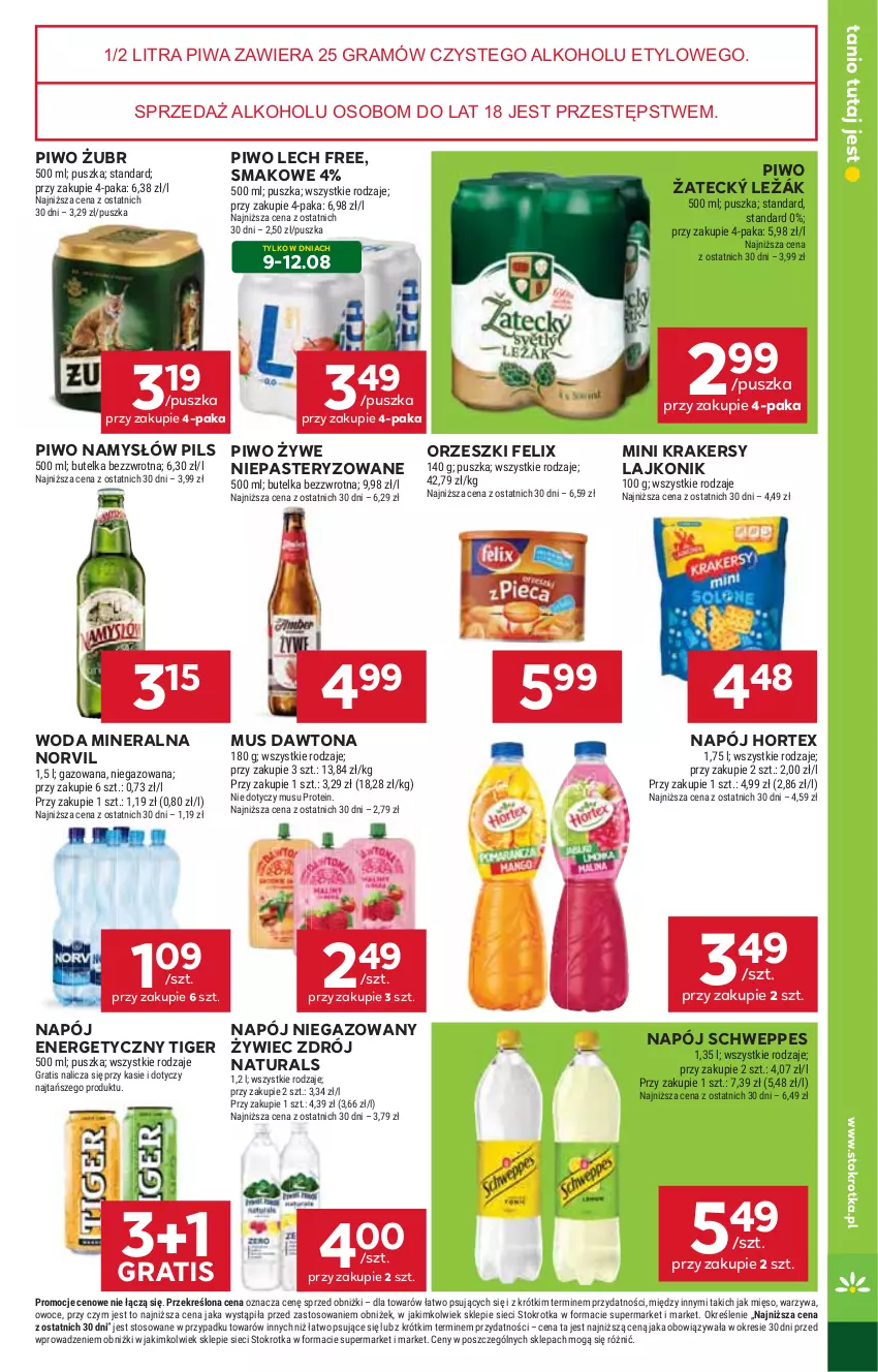 Gazetka promocyjna Stokrotka - Market - ważna 07.08 do 12.08.2025 - strona 17 - produkty: Dawtona, Felix, Gra, Hortex, Krakersy, Lajkonik, Mięso, Mus, Namysłów, Napój, Napój niegazowany, Orzeszki, Owoce, Piwa, Piwo, Schweppes, Tiger, Warzywa, Woda, Woda mineralna