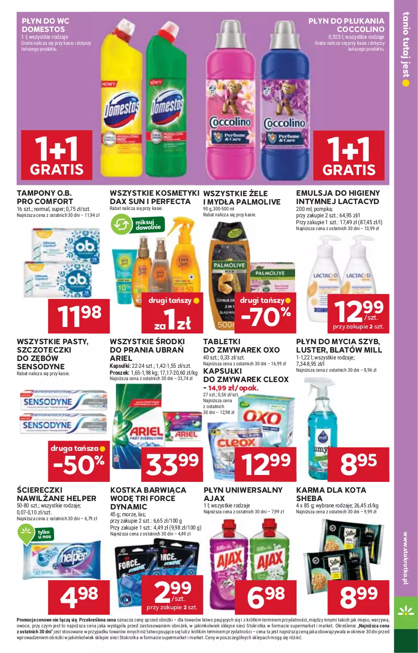 Gazetka promocyjna Stokrotka - Market - ważna 07.08 do 12.08.2025 - strona 27 - produkty: Ajax, Ariel, Coccolino, DAX, Domestos, Emulsja, Gra, Lactacyd, Mięso, O.B., Owoce, Palmolive, Perfecta, Płyn do mycia, Płyn do płukania, Płyn do wc, Pompka, Sensodyne, Sheba, Tablet, Tampony, Warzywa
