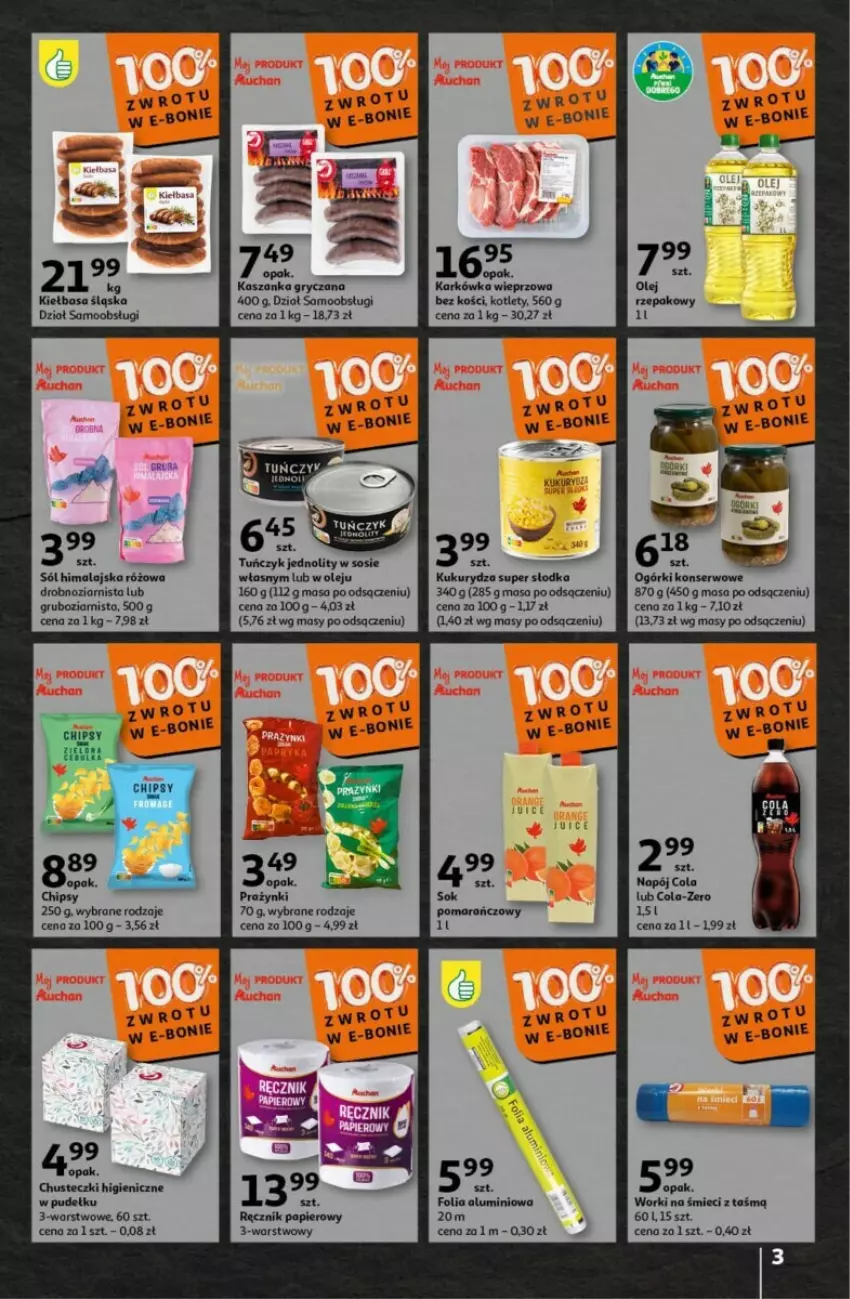 Gazetka promocyjna Auchan - ważna 16.05 do 22.05.2024 - strona 23 - produkty: Karkówka wieprzowa, Kotlet, Kukurydza, Napój, Olej, Sól, Sól himalajska, Sos, Tuńczyk