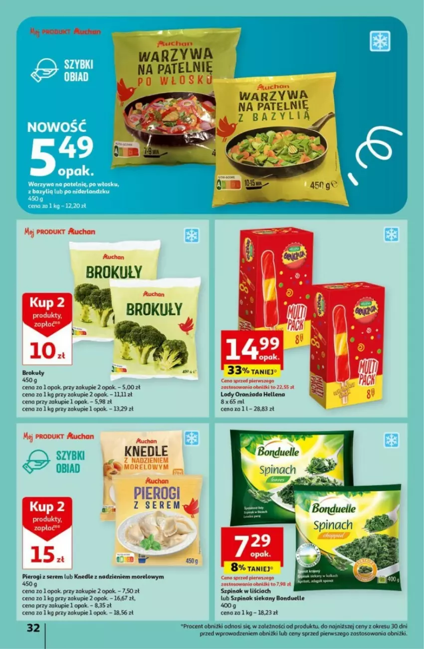 Gazetka promocyjna Auchan - ważna 16.05 do 22.05.2024 - strona 26 - produkty: Bazyl, Bonduelle, Brokuły, Hellena, Knedle, Lody, Oranżada, Pierogi, Ser, Szpinak, Warzywa