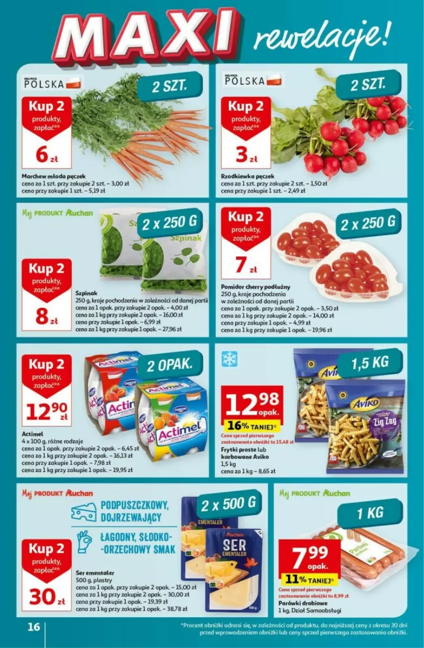 Gazetka promocyjna Auchan - ważna 16.05 do 22.05.2024 - strona 8 - produkty: Actimel, Ementaler, Frytki, Parówki, Rzodkiewka, Ser, Szpinak