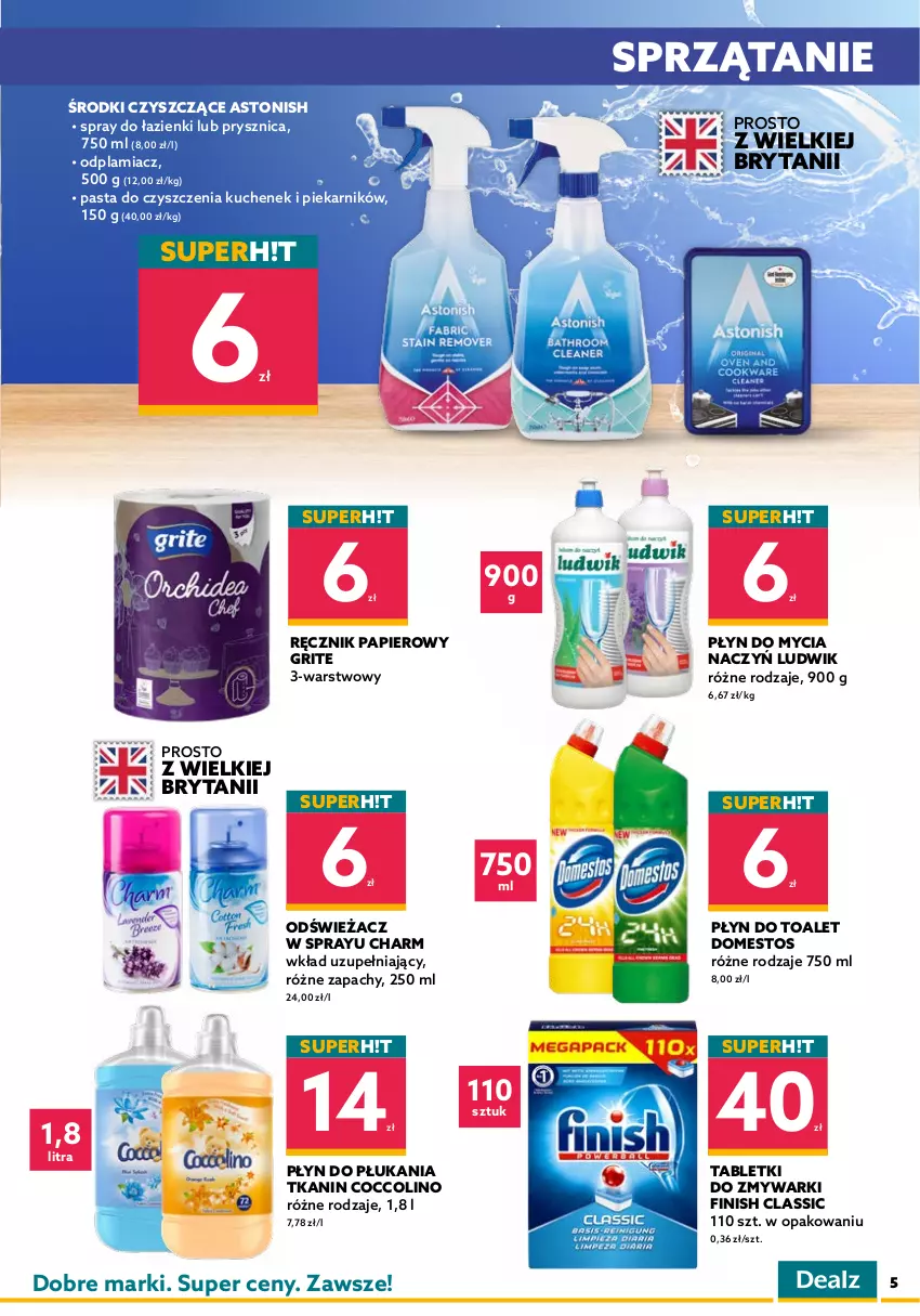 Gazetka promocyjna Dealz - WIELKIE OTWARCIE 27.04.2022Krotoszyn, Galeria Karuzela - ważna 27.04 do 11.05.2022 - strona 5 - produkty: Aquafresh, Chusteczki, Coccolino, Do mycia naczyń, Domestos, Dove, Finish, Gillette, Klej, Kostka myjąca, Ludwik, Odplamiacz, Odżywka, Olej, Papier, Pasta do zębów, Pianka do golenia, Piekarnik, Płyn do mycia, Płyn do mycia naczyń, Płyn do płukania, Ręcznik, Sprzątanie, Szampon, Sztuczne rzęsy, Tablet, Tabletki do zmywarki, Zmywarki