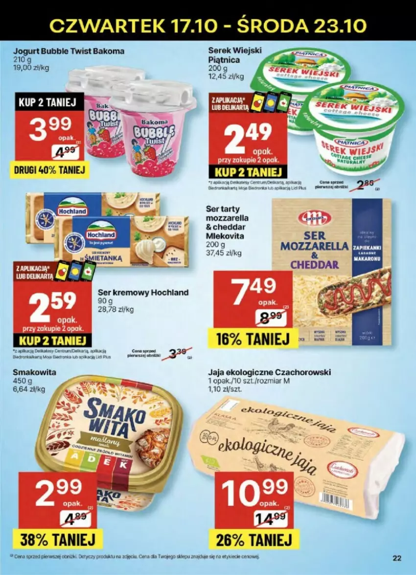 Gazetka promocyjna Delikatesy Centrum - ważna 17.10 do 23.10.2024 - strona 15 - produkty: Bakoma, Cheddar, Hochland, Jaja, Jogurt, Mozzarella, Piątnica, Ser, Serek, Serek wiejski, Smakowita