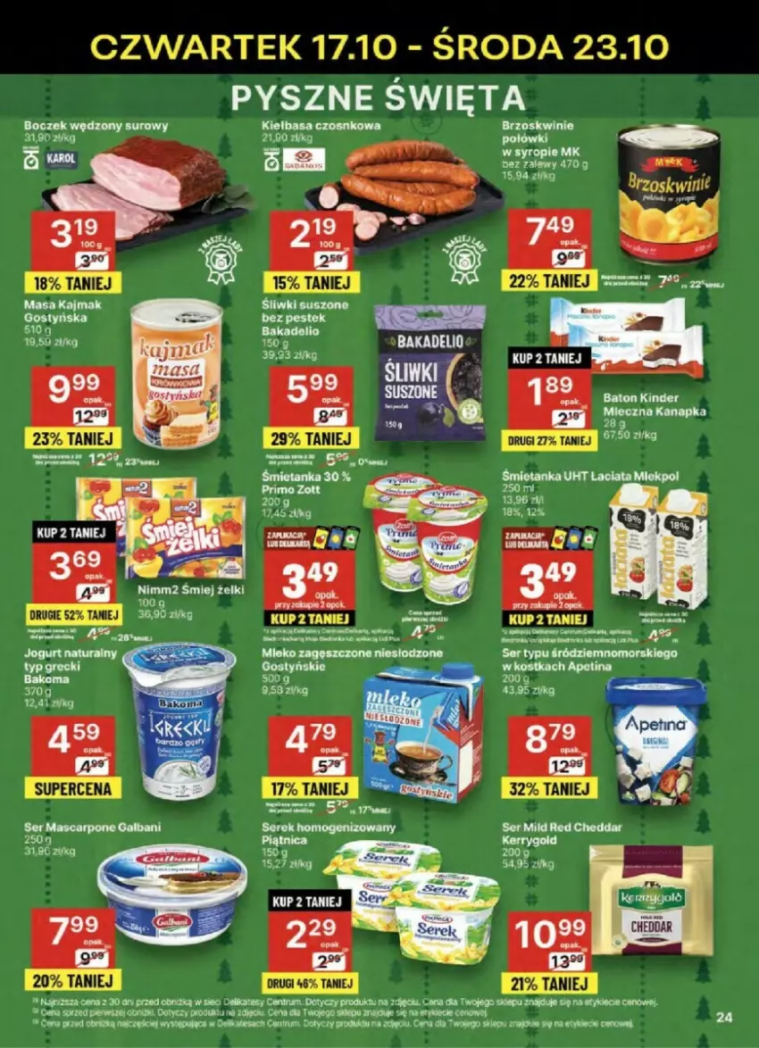 Gazetka promocyjna Delikatesy Centrum - ważna 17.10 do 23.10.2024 - strona 17 - produkty: Baton, Boczek, Brzoskwinie, Cheddar, Fa, Kiełbasa, Kinder, Miecz, Nimm2, Rum, Ser, Serek, Serek homogenizowany, Sos, Syrop